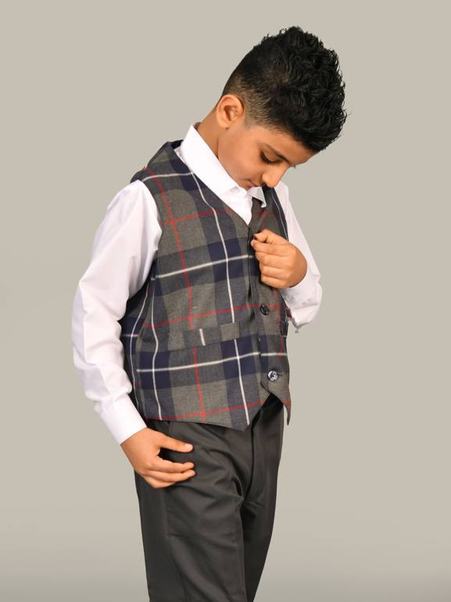 Boys Brown Plaid Waistcoat with Button Detail