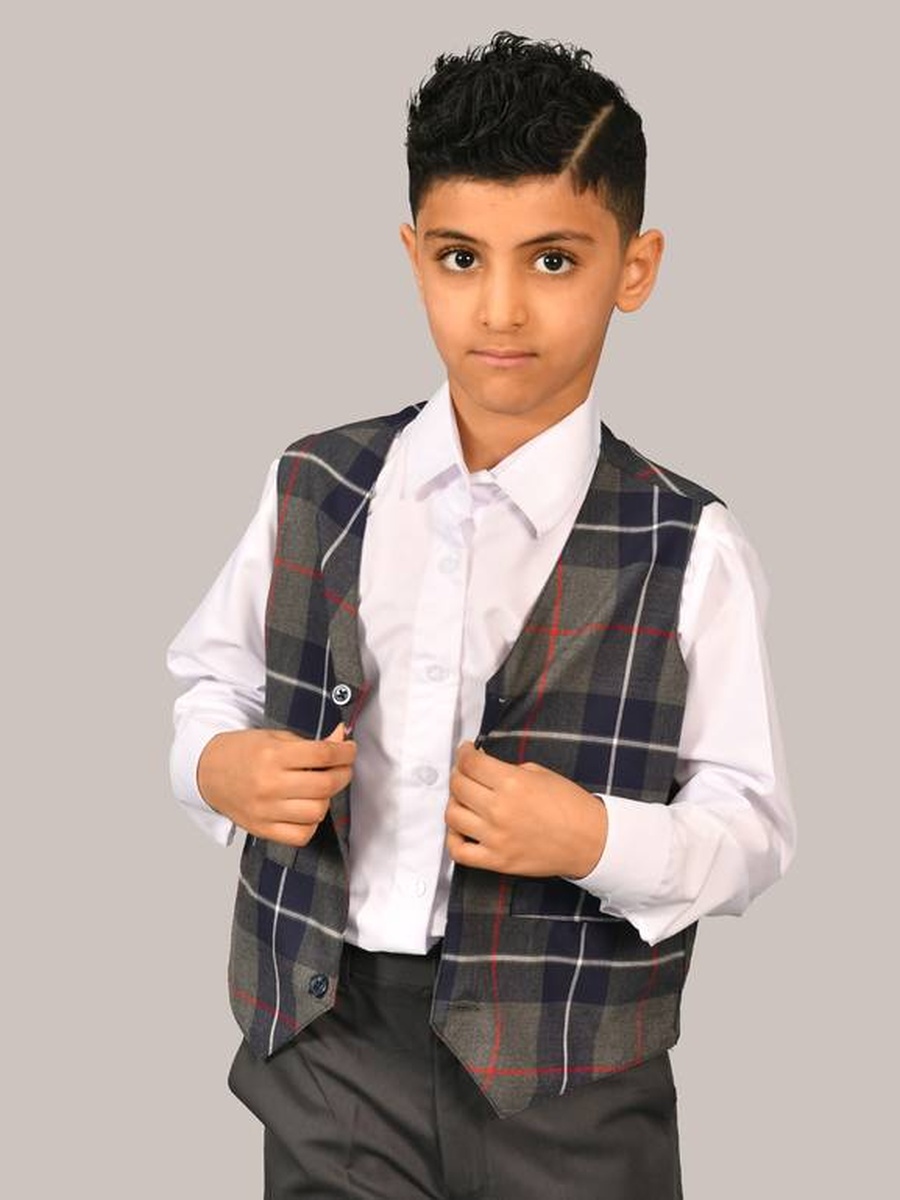 Boys Brown Plaid Waistcoat with Button Detail