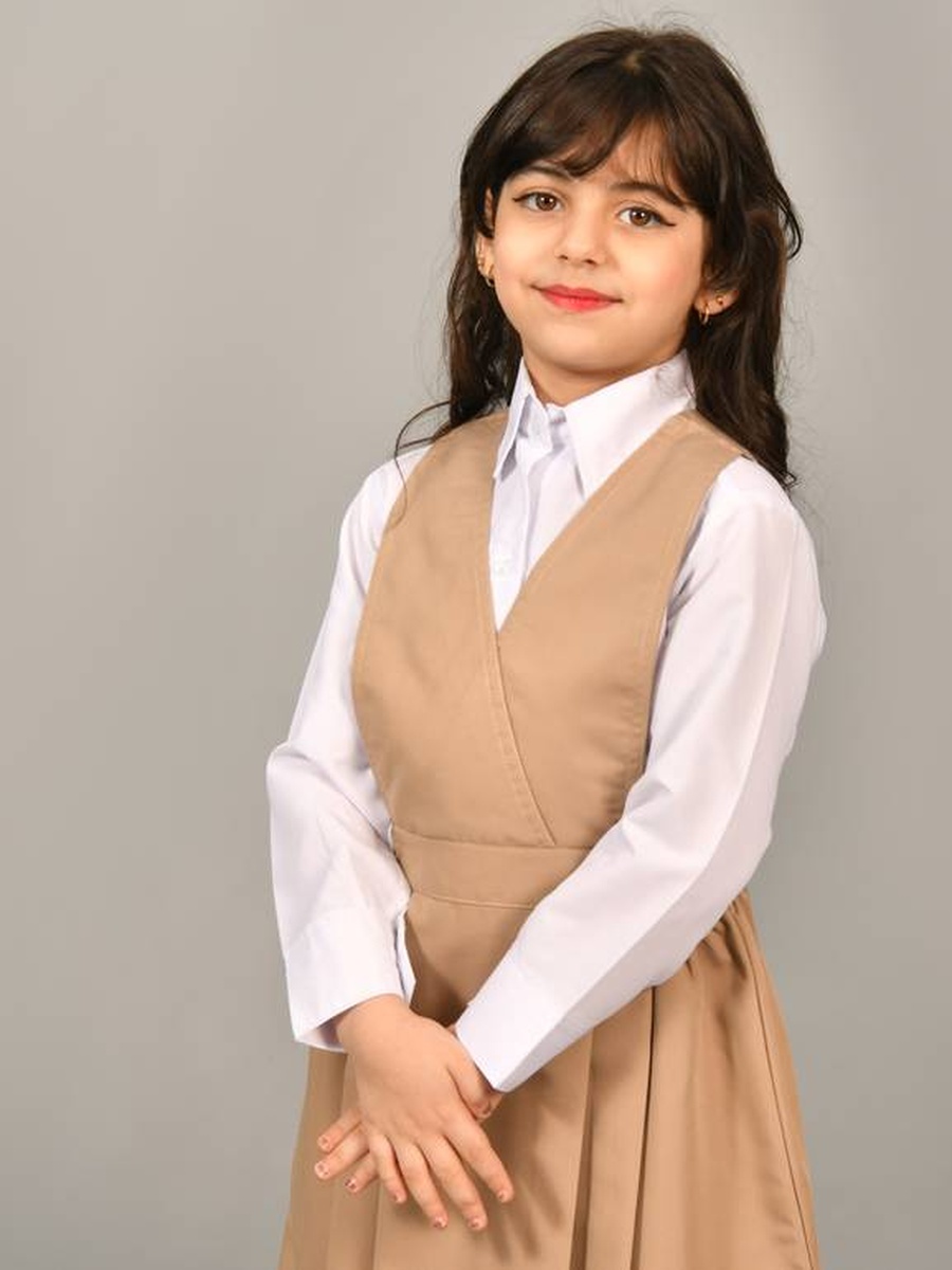 Girls Beige Gathered Waist Pinafore Dress with Side Pleats