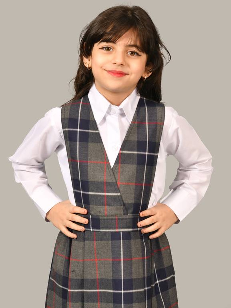 Girls Brown Checkered Dress with Gathered Waist