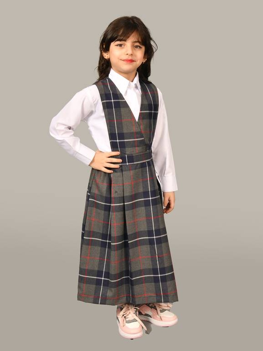 Girls Brown Checkered Dress with Gathered Waist