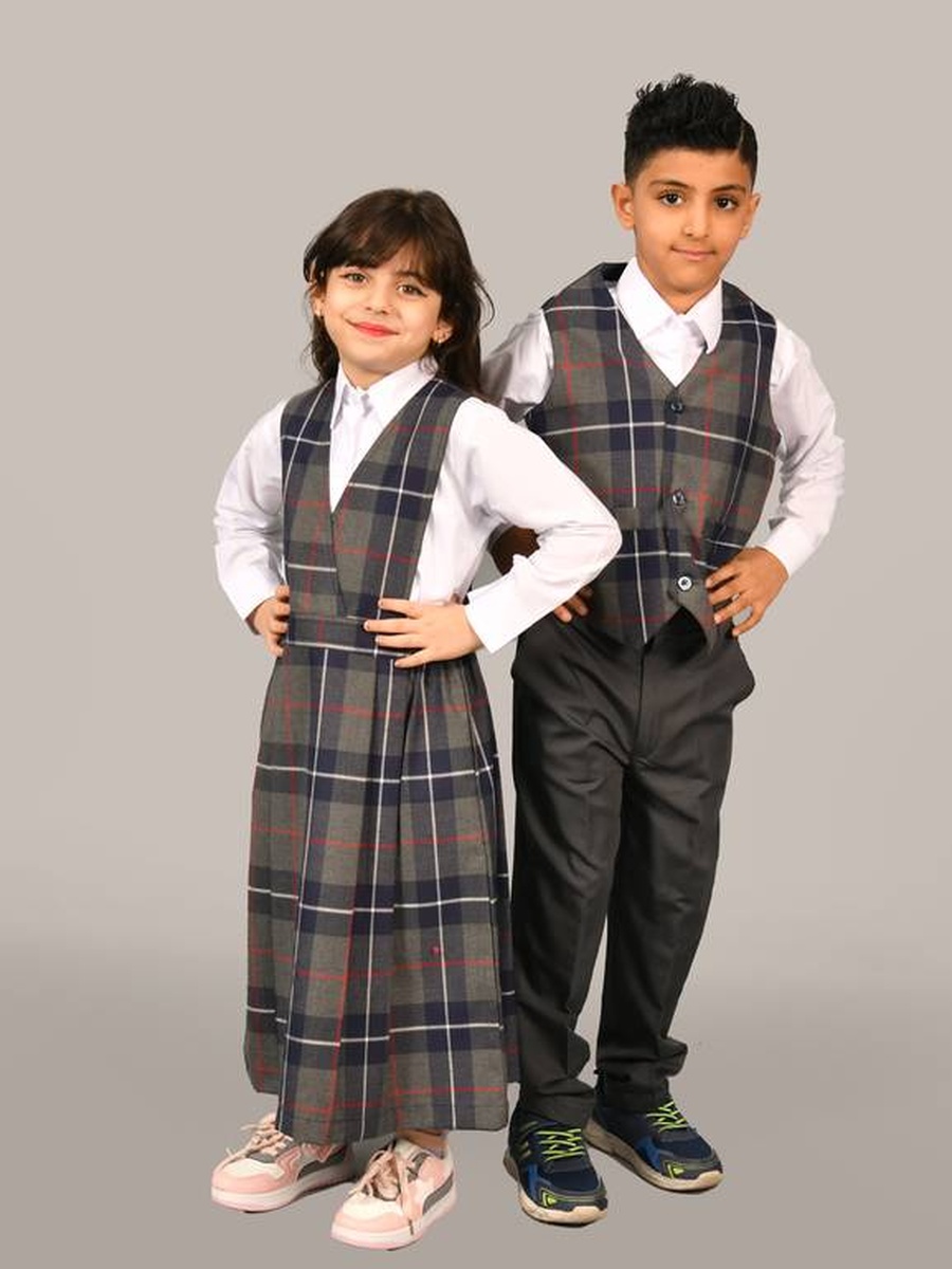 Girls Brown Checkered Dress with Gathered Waist