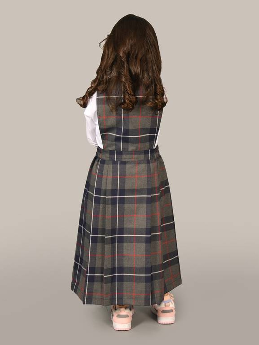 Girls Brown Checkered Dress with Gathered Waist