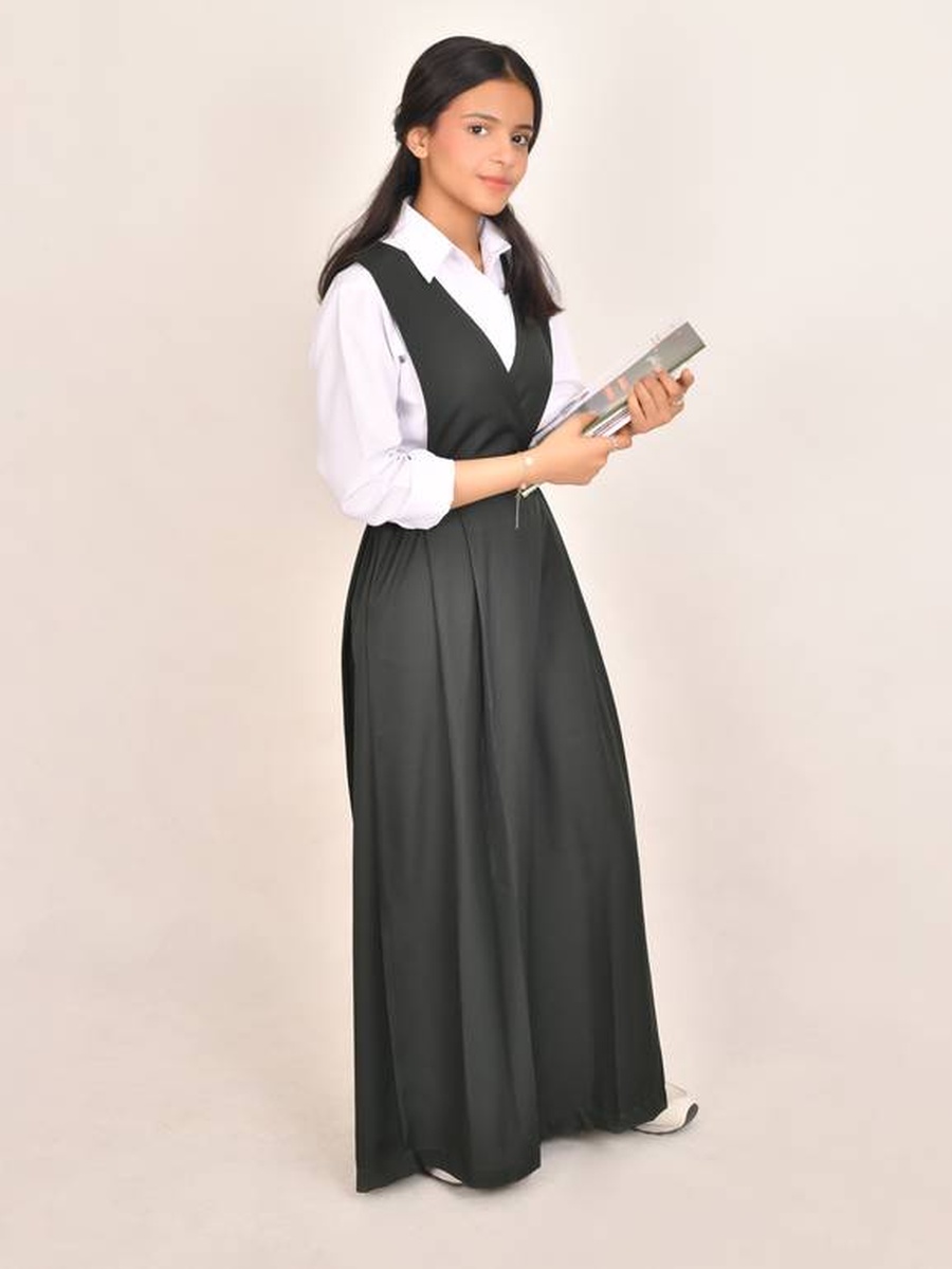 Girls Dark Green Pinafore Dress with Elasticated Sides