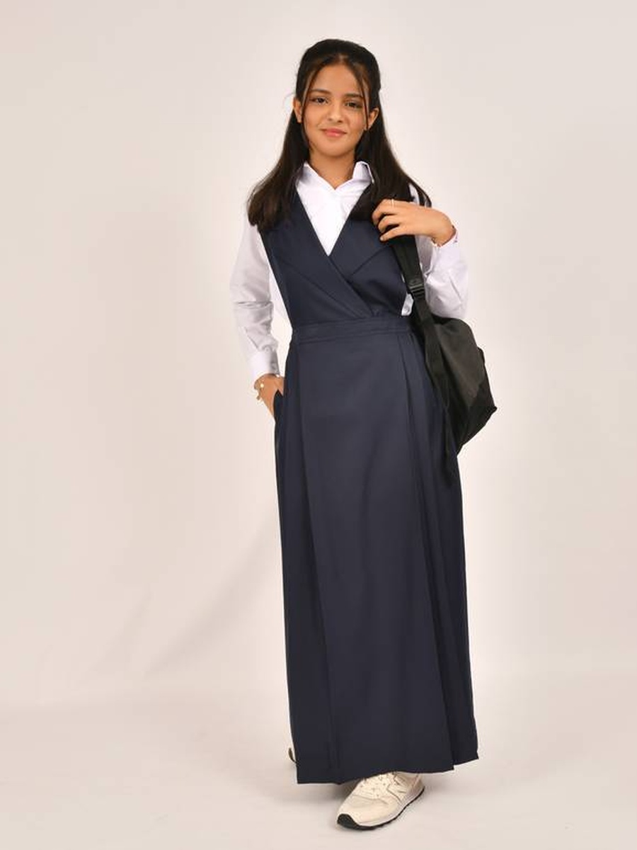 Girls Navy Blue Pinafore Dress with Elasticated Sides