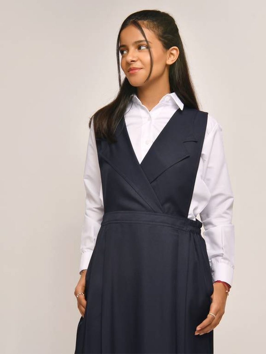 Girls Navy Blue Pinafore Dress with Elasticated Sides