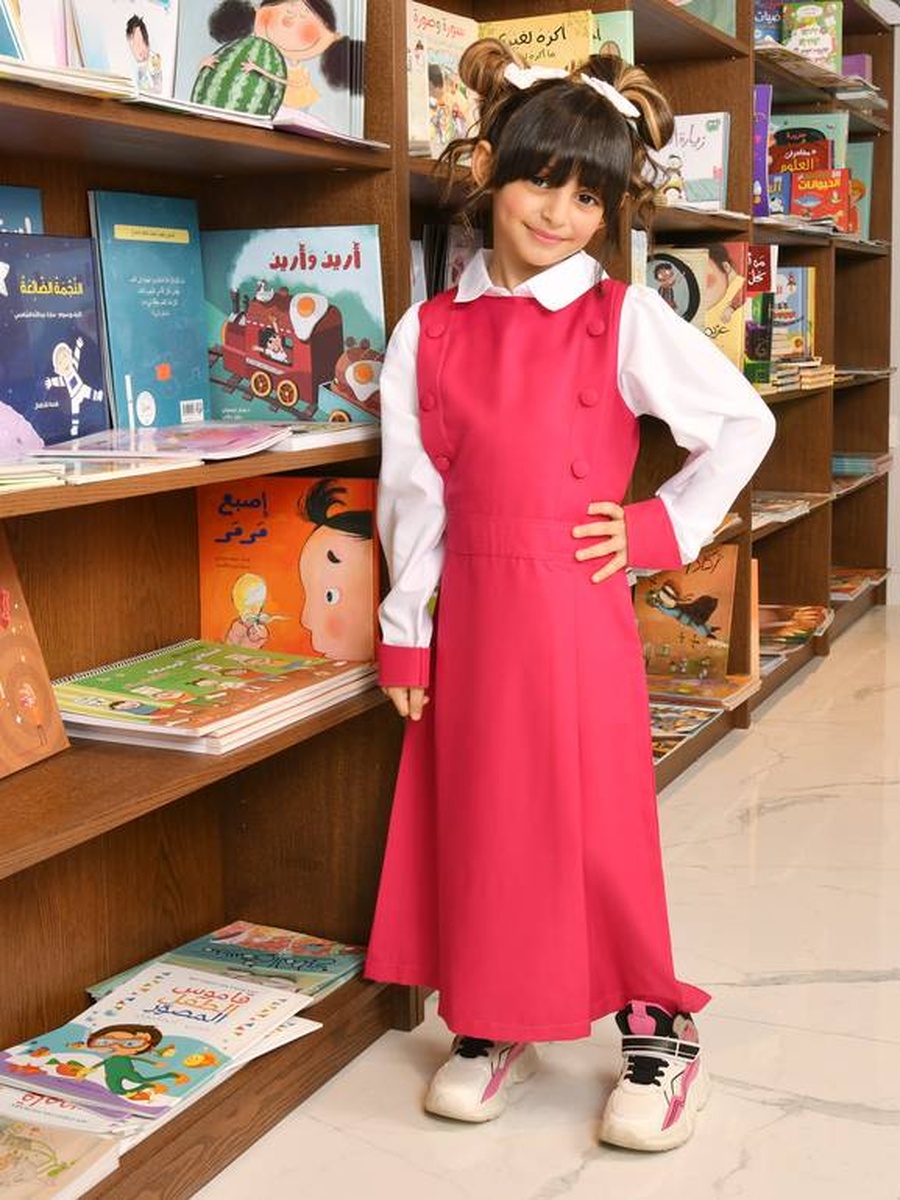 Girls Fuchsia Side Button Detail Pinafore Dress with Pleats