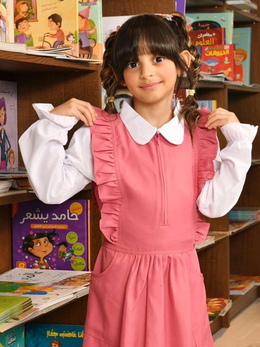 Girls Pink Ruffle Trim Fold Pleat Pinafore Dress with Front Zip