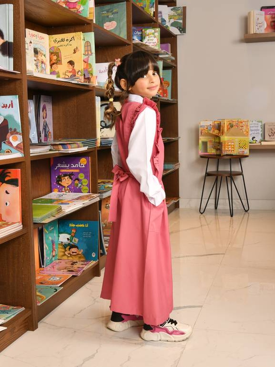 Girls Pink Ruffle Trim Fold Pleat Pinafore Dress with Front Zip