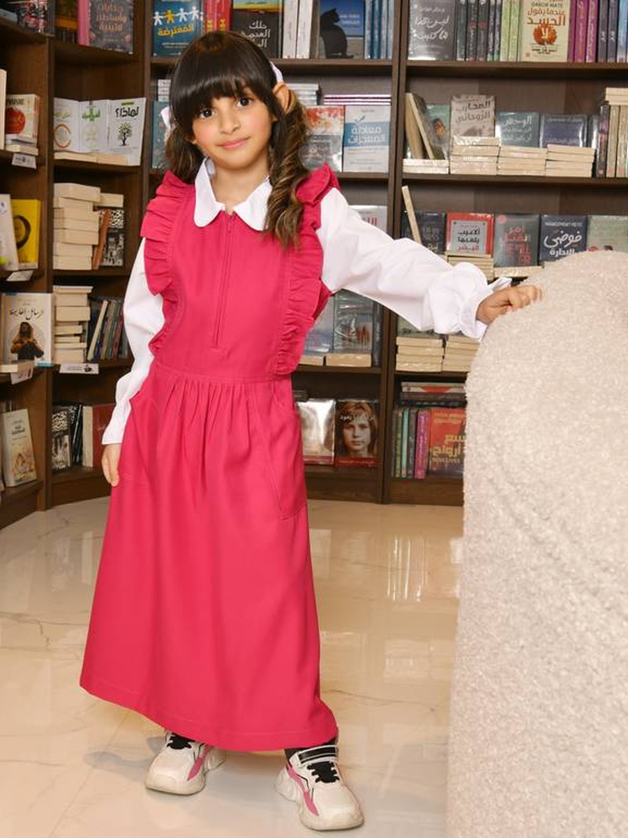 Girls Fuchsia Ruffle Trim Fold Pleat Pinafore Dress with Front Zip