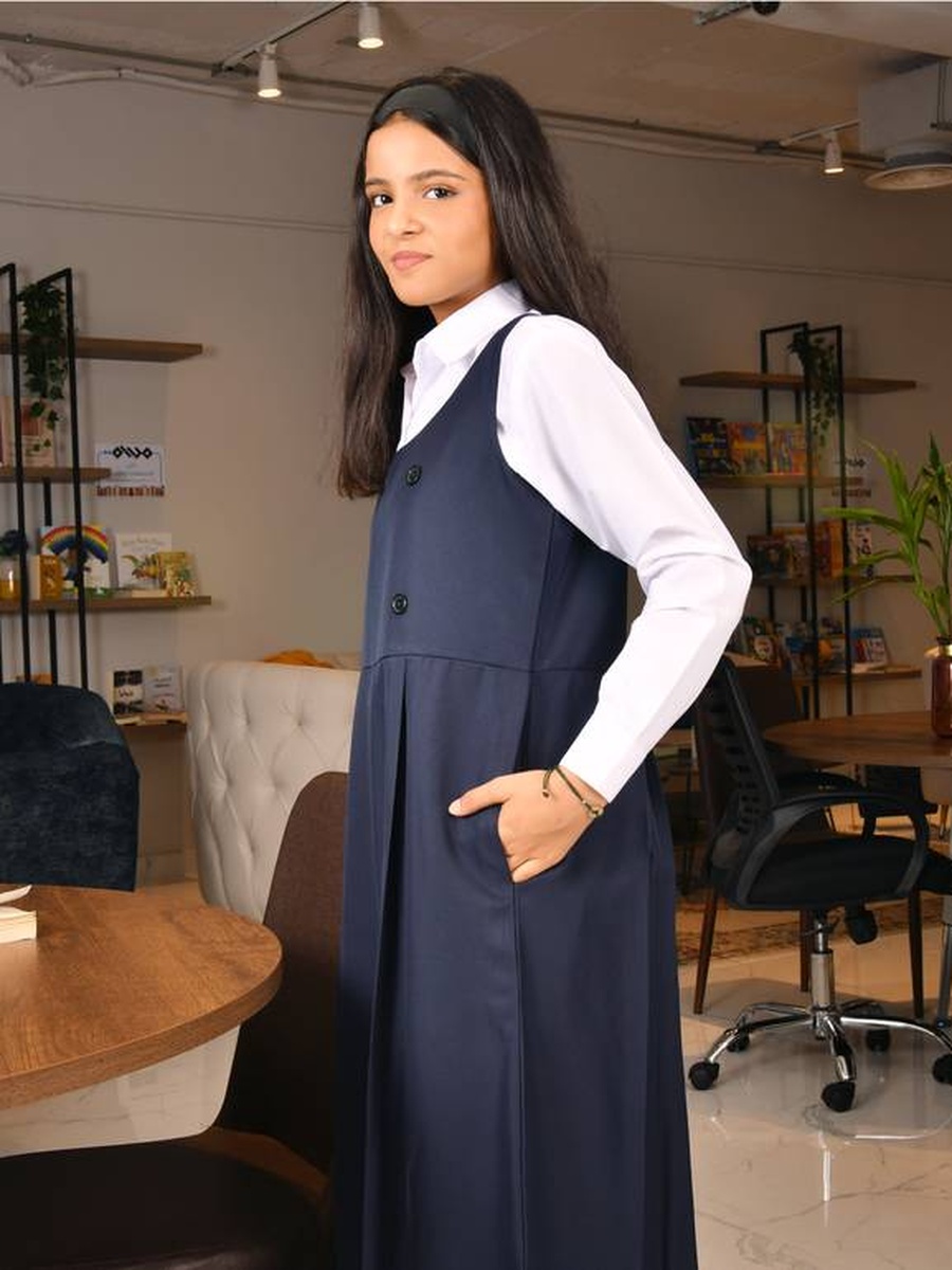 Girls Navy Blue Round Neck Pinafore Dress with Fold Pleated