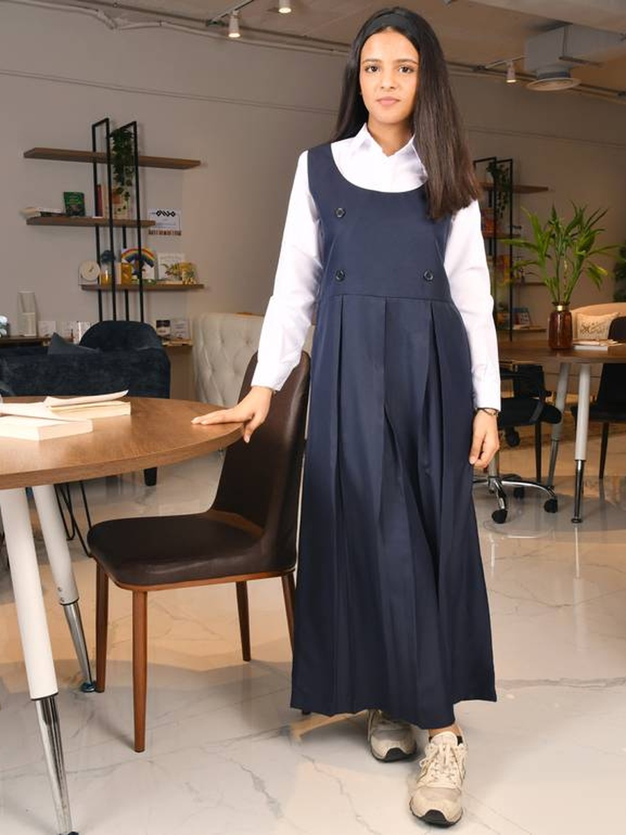 Girls Navy Blue Round Neck Pinafore Dress with Fold Pleated