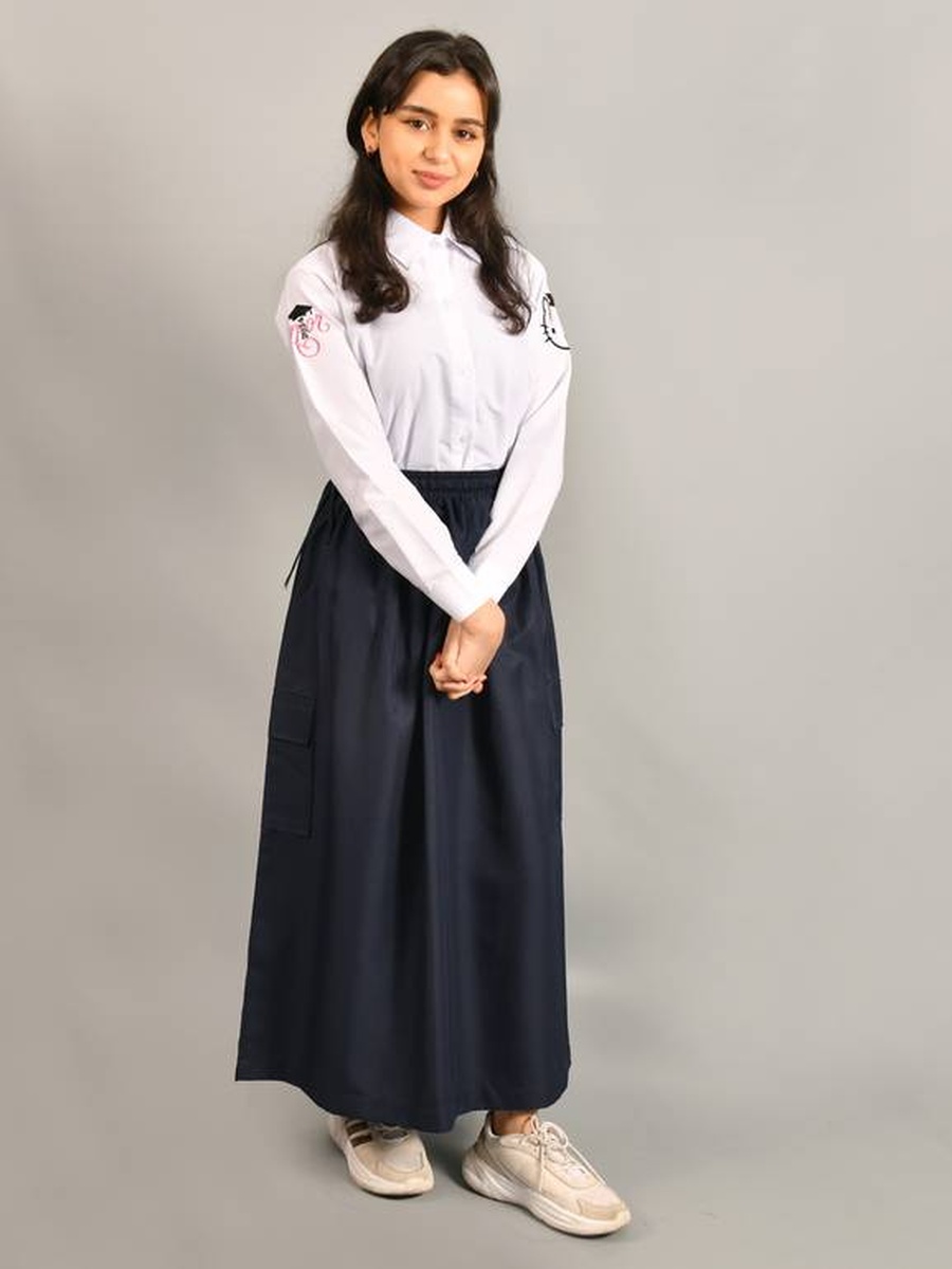 Girls Navy Blue Solid Skirt with Cargo Pocket
