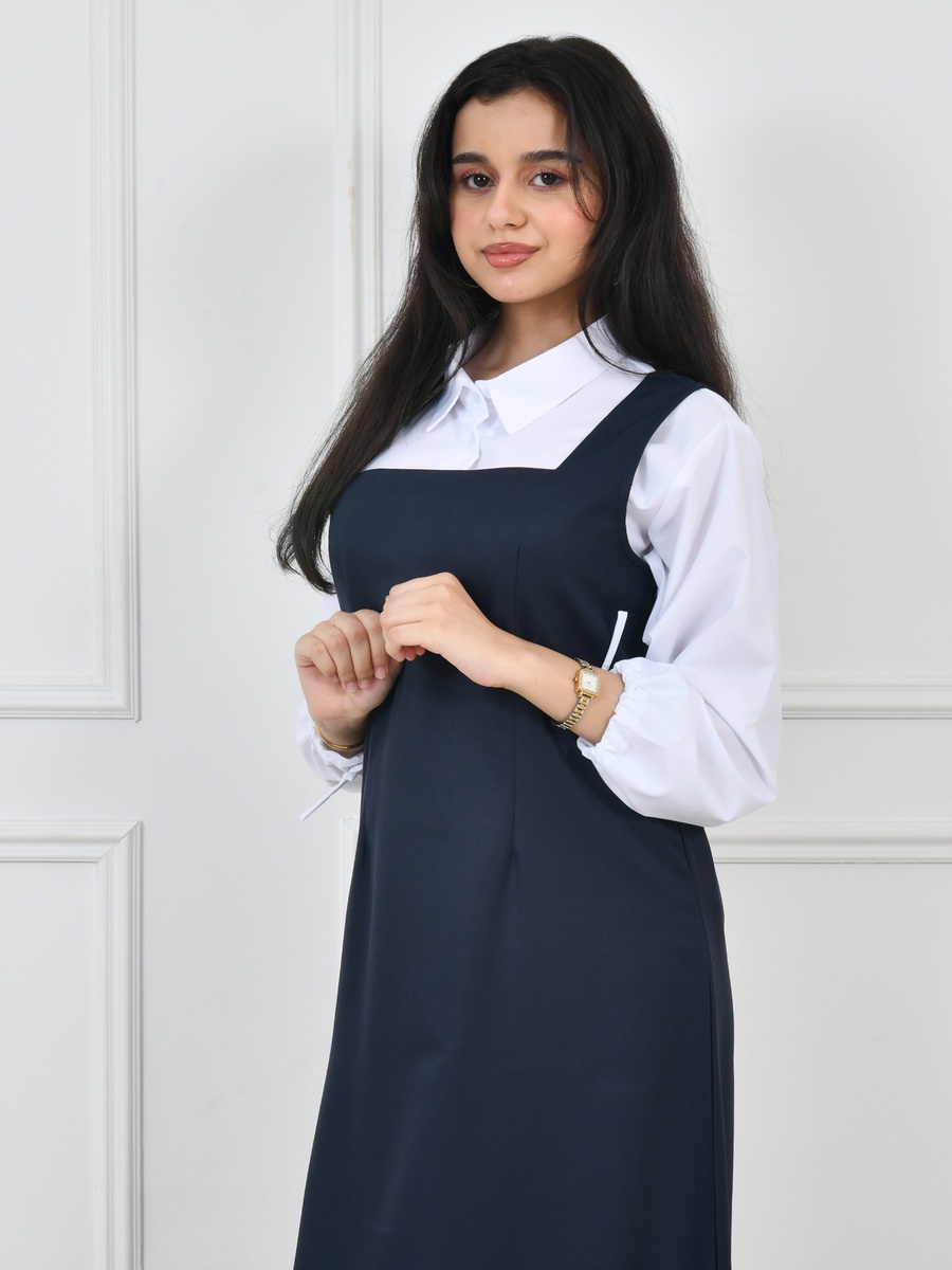 Girls Navy Blue Wide Neck Pinafore Dress with  Back Tie-Closure