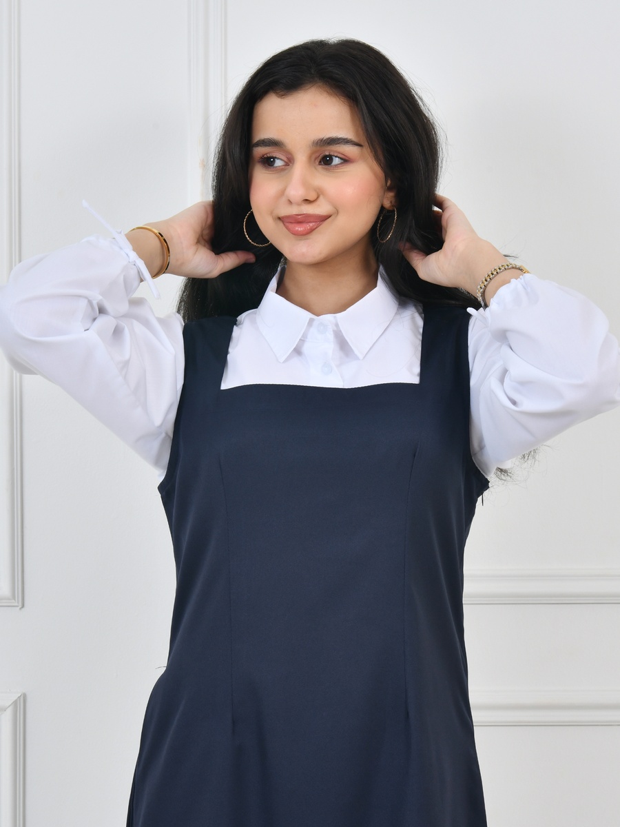Girls Navy Blue Wide Neck Pinafore Dress with  Back Tie-Closure