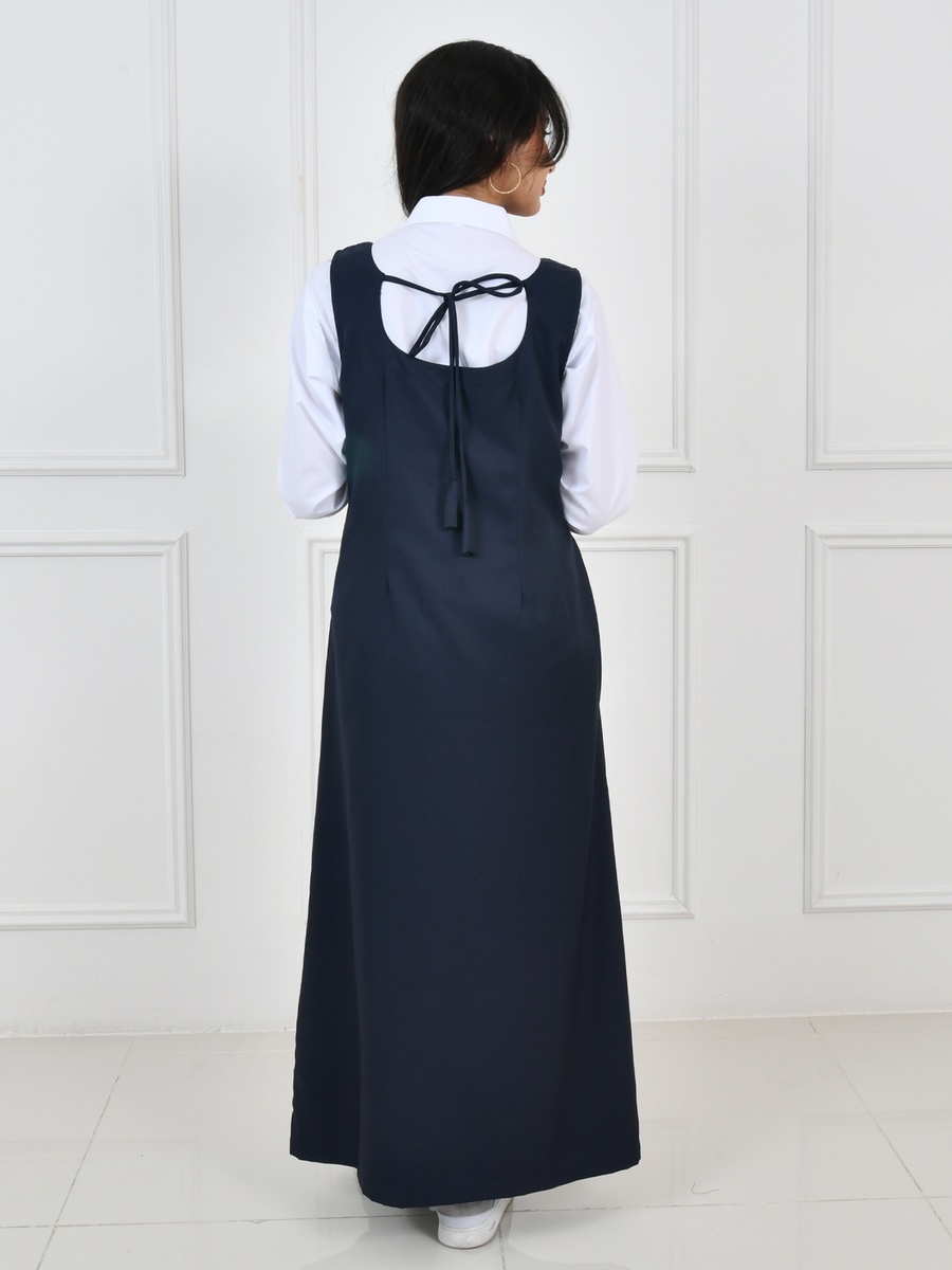 Girls Navy Blue Wide Neck Pinafore Dress with  Back Tie-Closure
