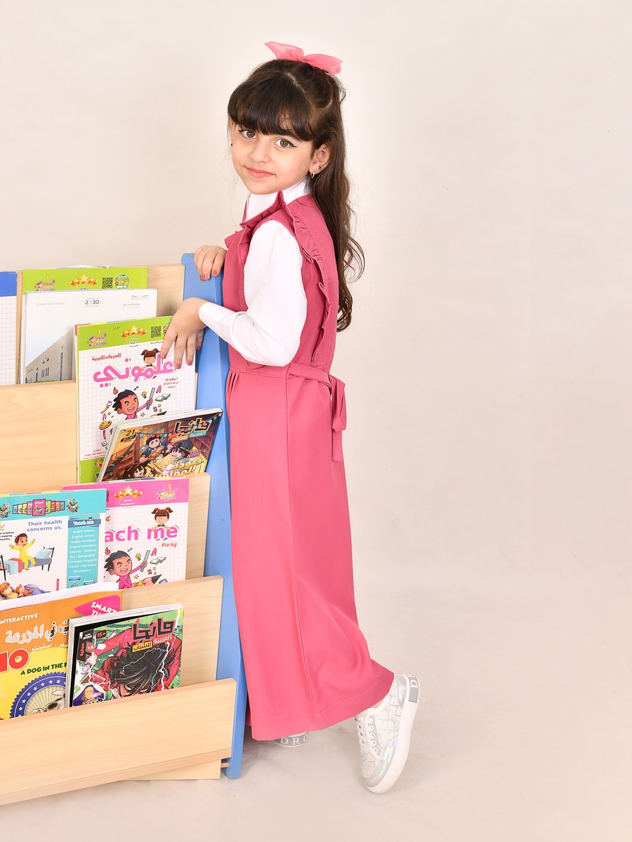 Girls Pink Wide Side Pleats Pinafore Dress with Ruffle Trim