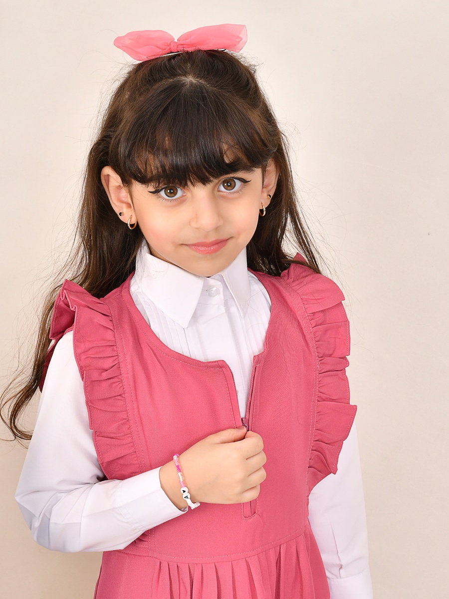 Girls Pink Wide Side Pleats Pinafore Dress with Ruffle Trim