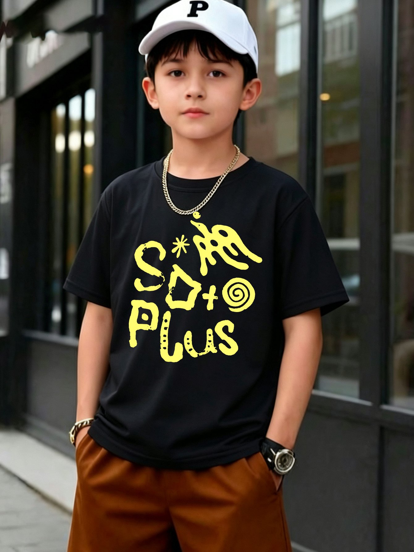 Boys Black Geometric Print Short Sleeve T-Shirt