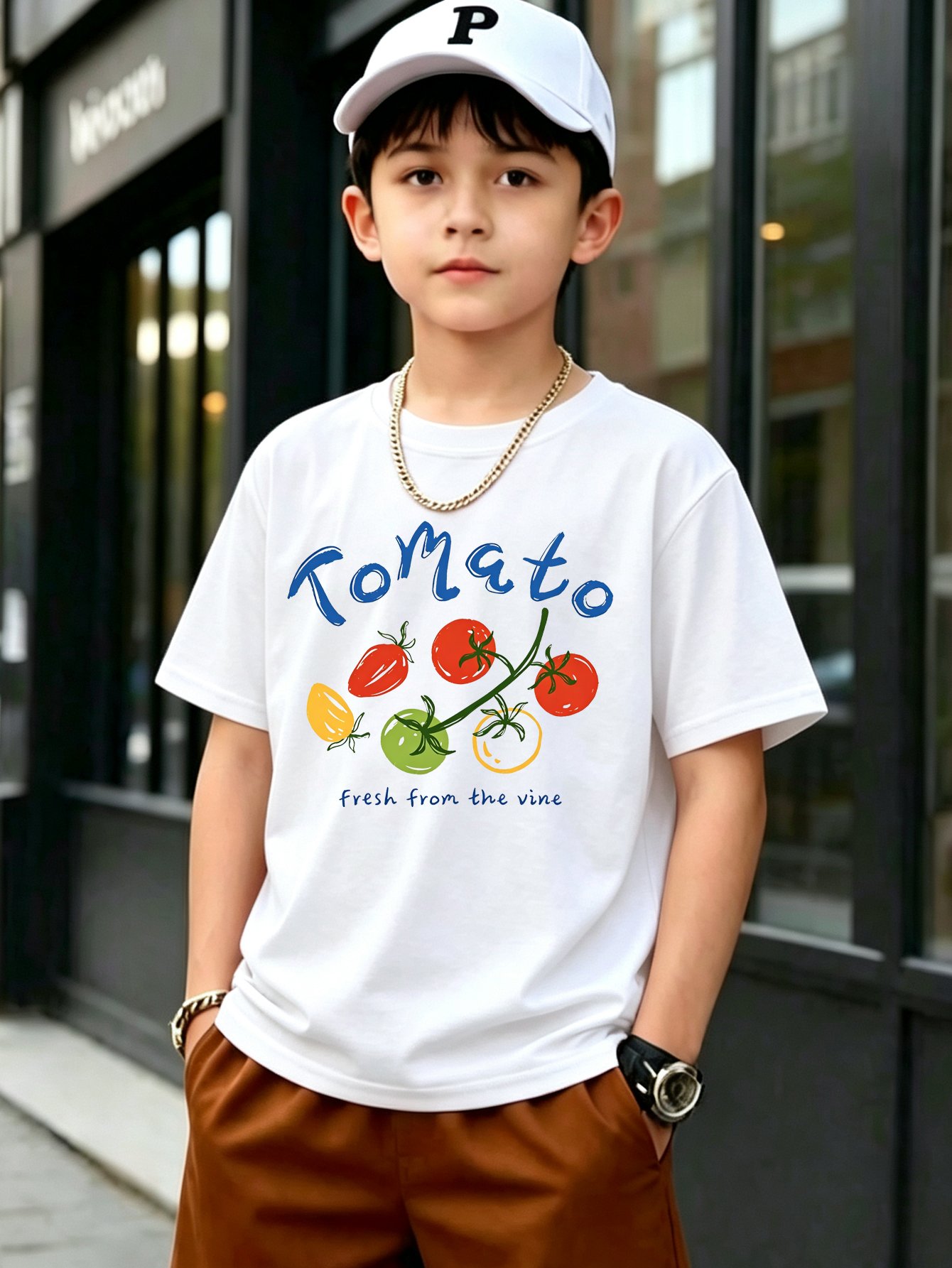 Kids White Cotton Tomato Print Short Sleeve T-Shirt