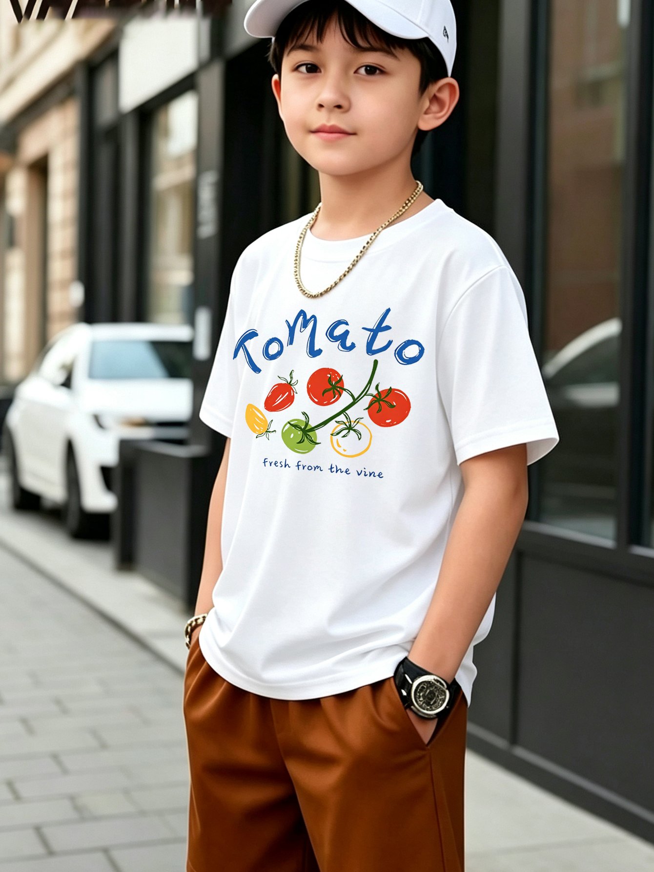 Kids White Cotton Tomato Print Short Sleeve T-Shirt