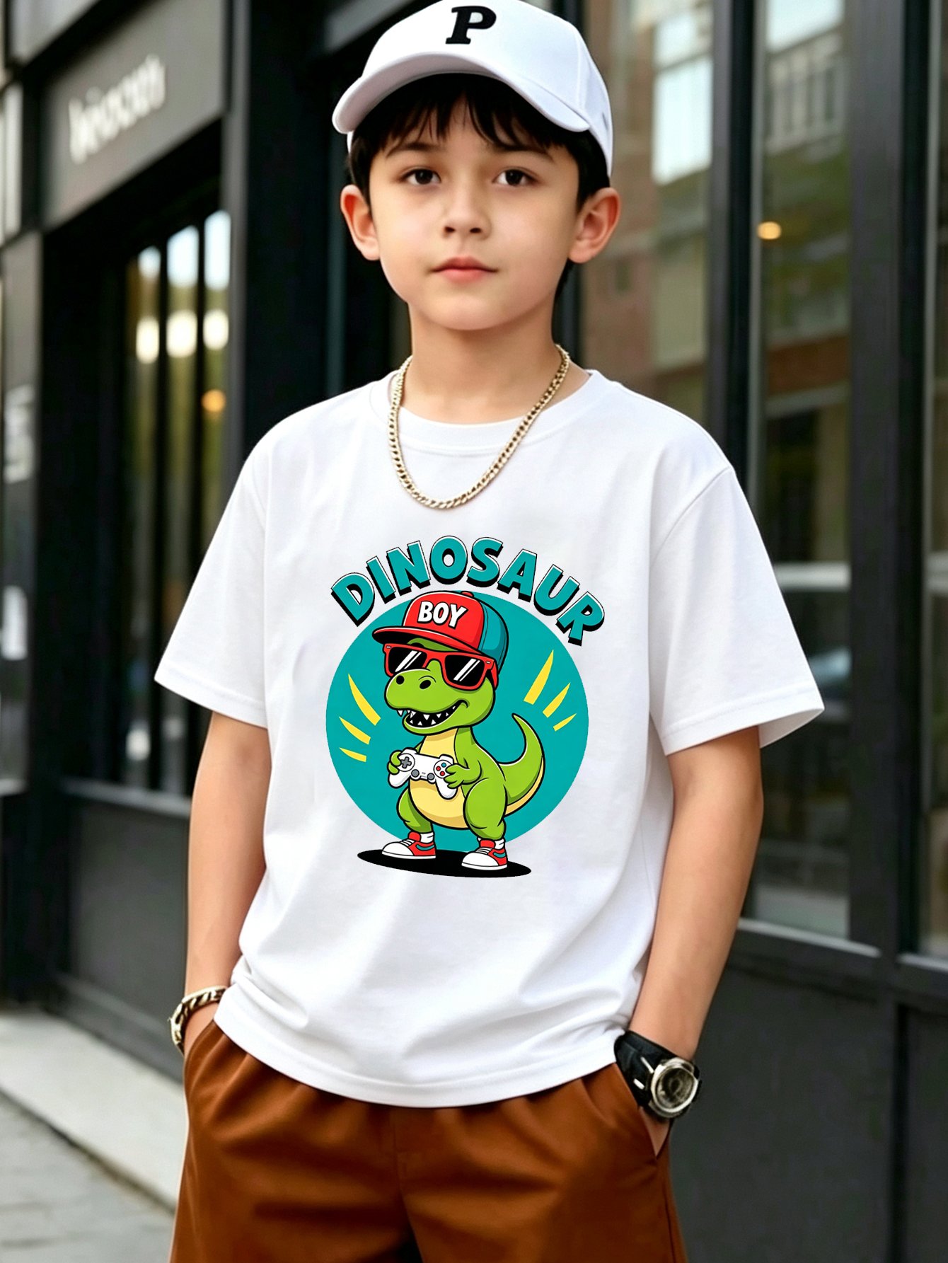 Boys White Cotton Dino Gamer Graphic T-Shirt