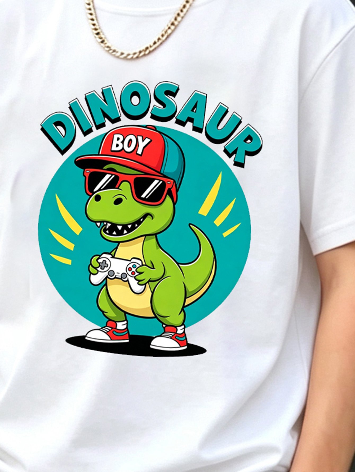 Boys White Cotton Dino Gamer Graphic T-Shirt