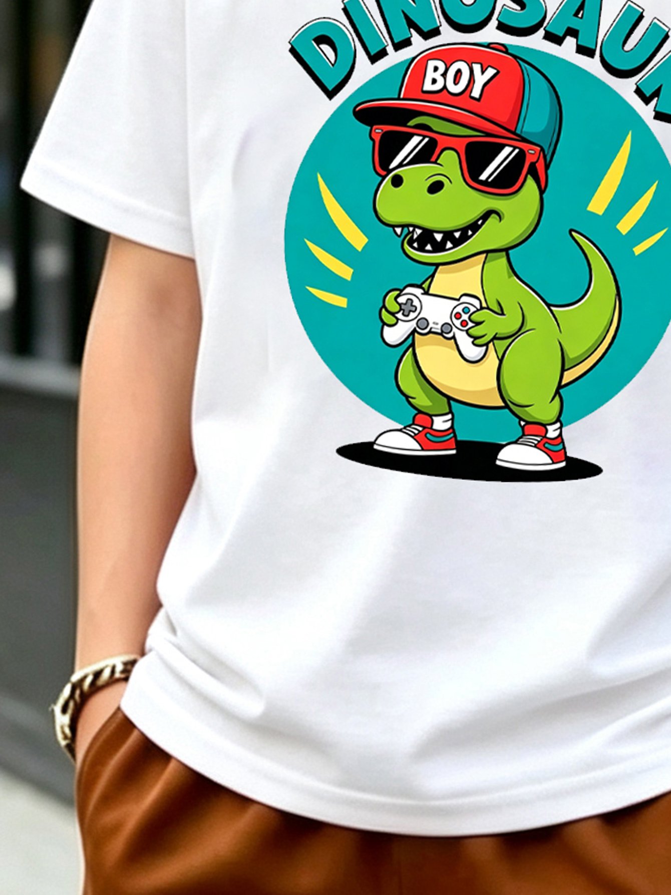 Boys White Cotton Dino Gamer Graphic T-Shirt