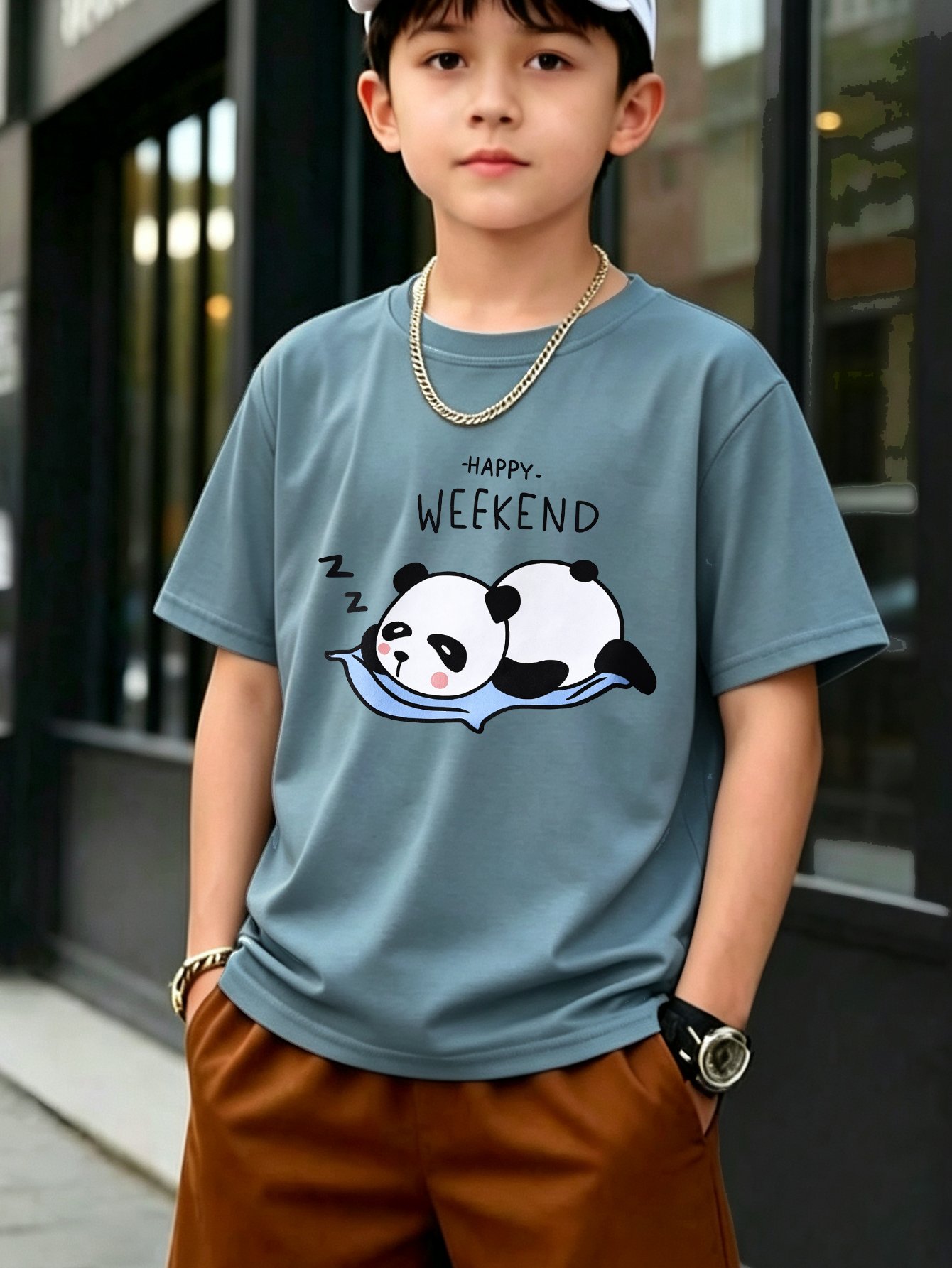 Kids Happy Weekend Panda Print Round Neck T-Shirt