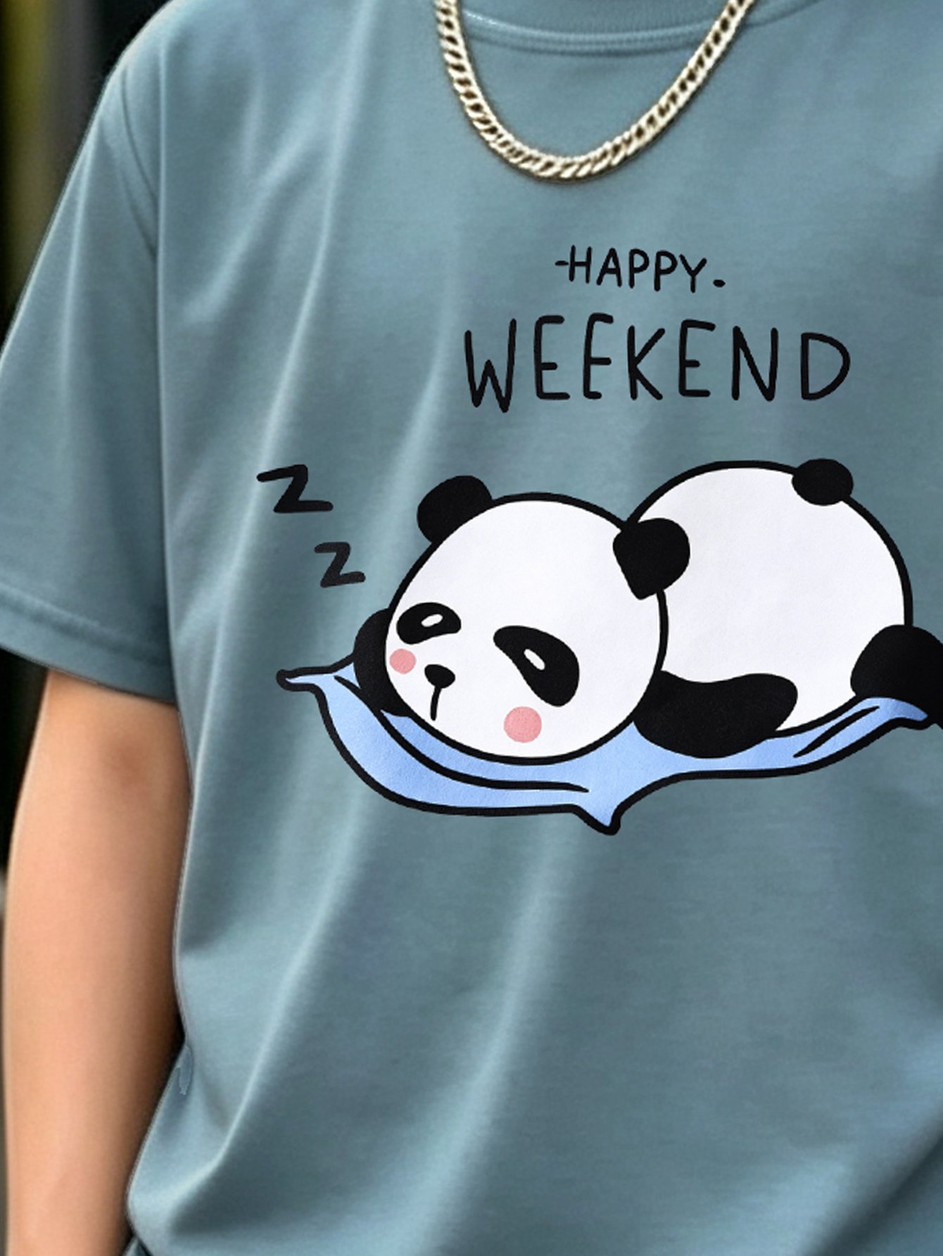 Kids Happy Weekend Panda Print Round Neck T-Shirt