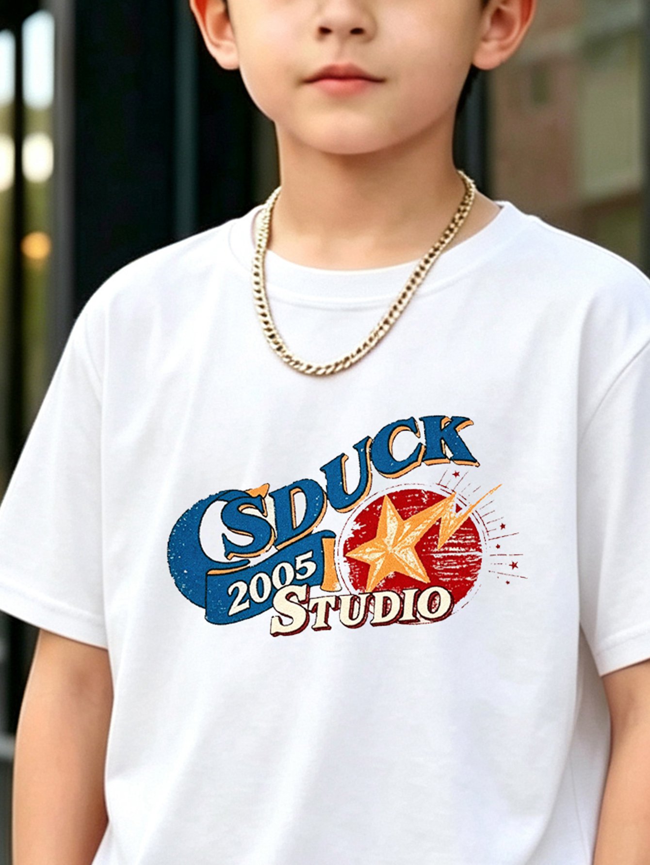 Boys White Cotton Round Neck T-Shirt with Star Graphic