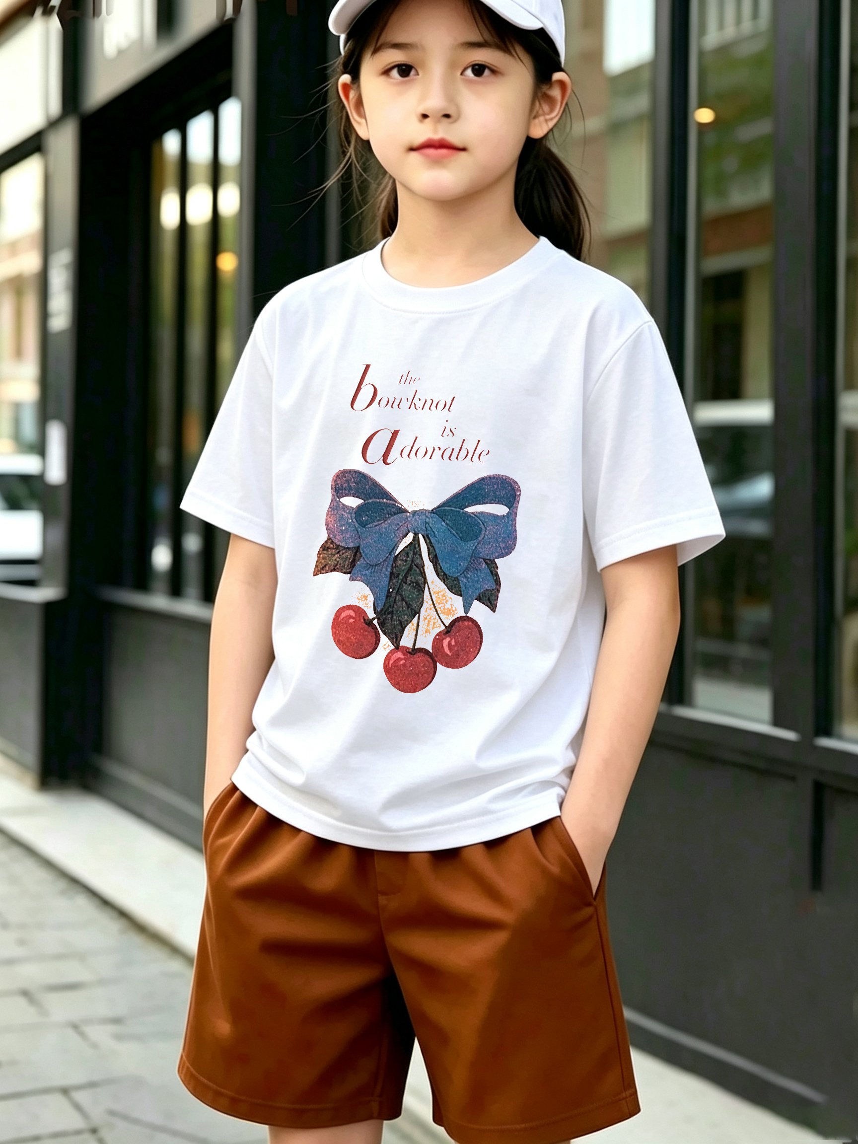 Girls White Cotton Short Sleeve T-Shirt with Adorable Bow and Cherry Print