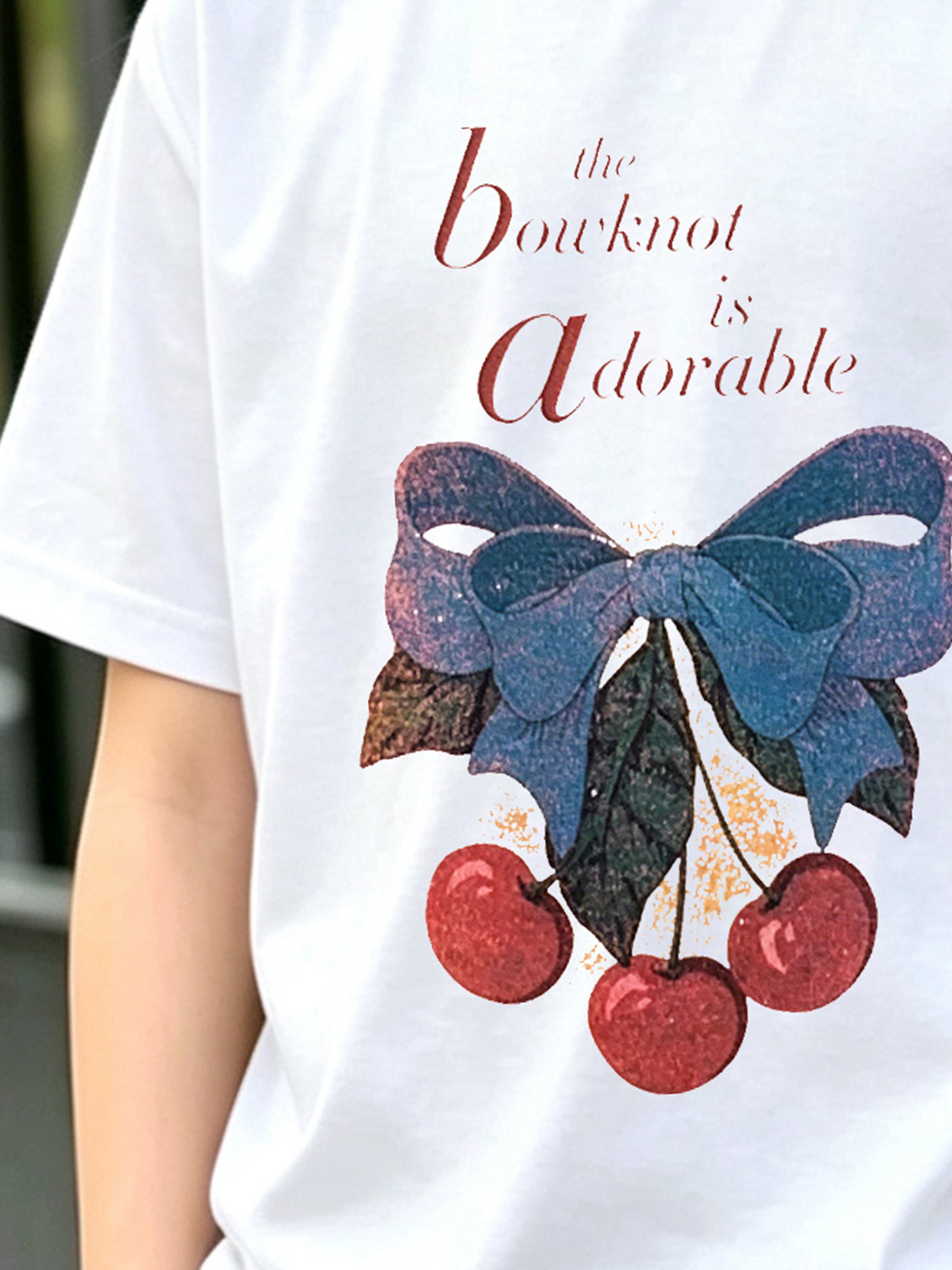 Girls White Cotton Short Sleeve T-Shirt with Adorable Bow and Cherry Print