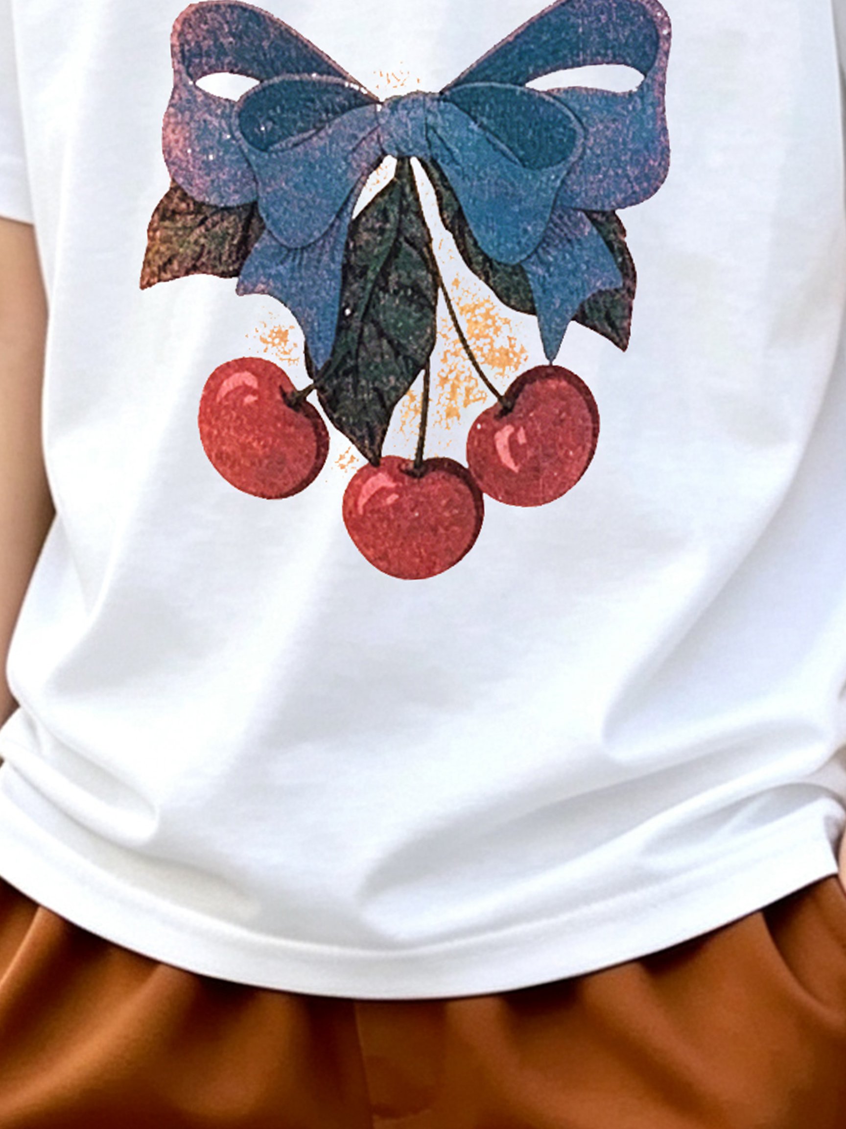 Girls White Cotton Short Sleeve T-Shirt with Adorable Bow and Cherry Print