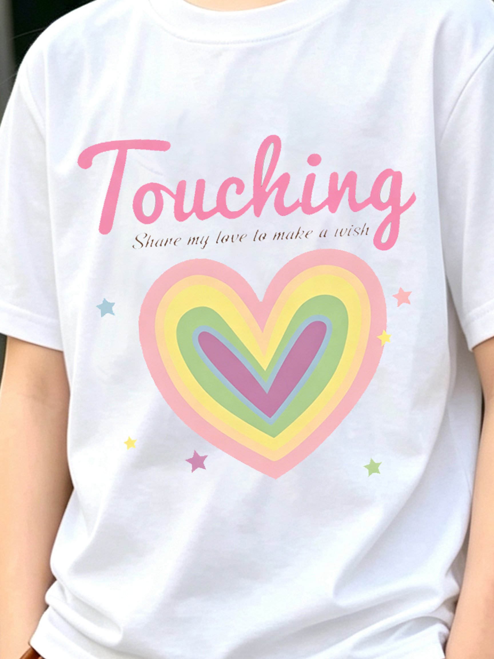 Girls White Cotton Short Sleeve T-Shirt with Rainbow Heart Print