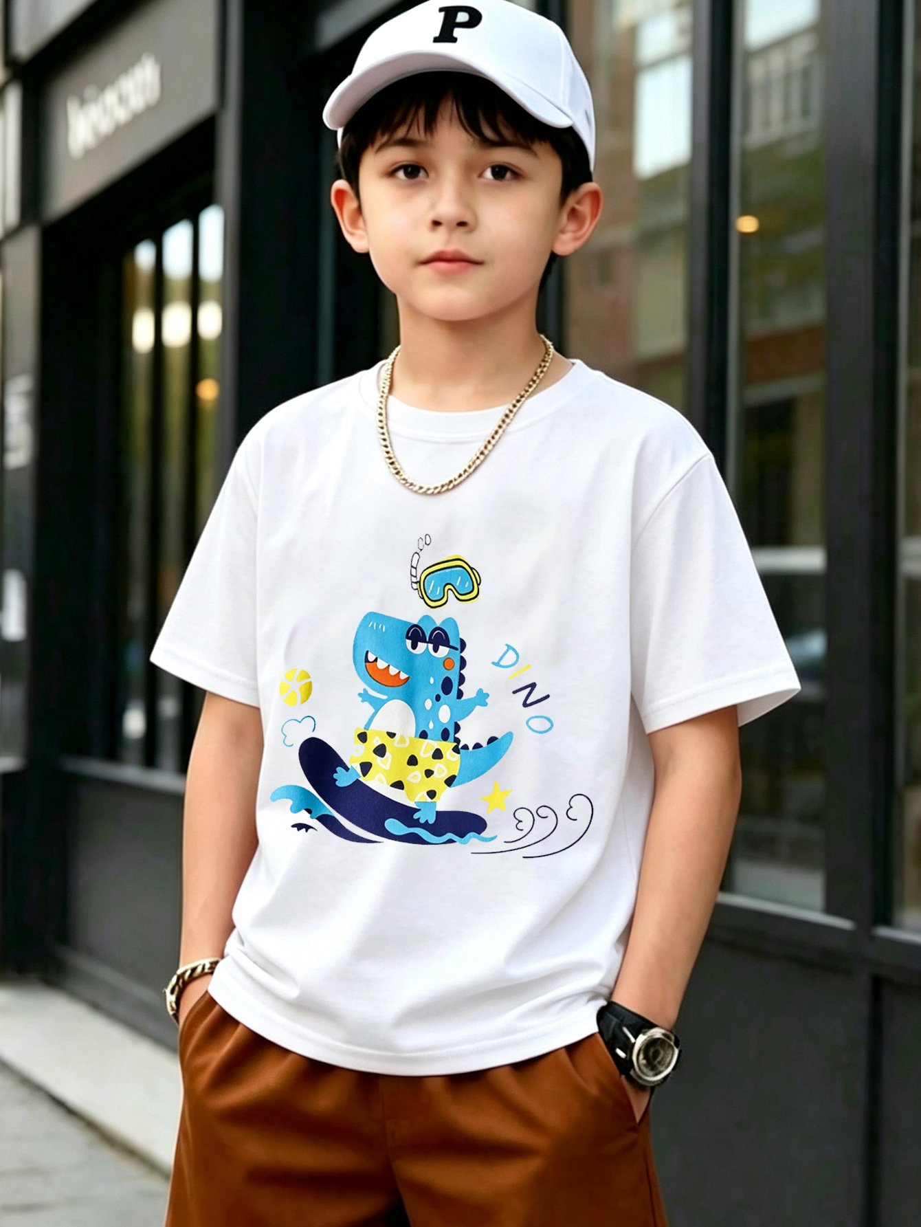 Boys White Cotton Short Sleeve T-Shirt with Fun Dinosaur Print