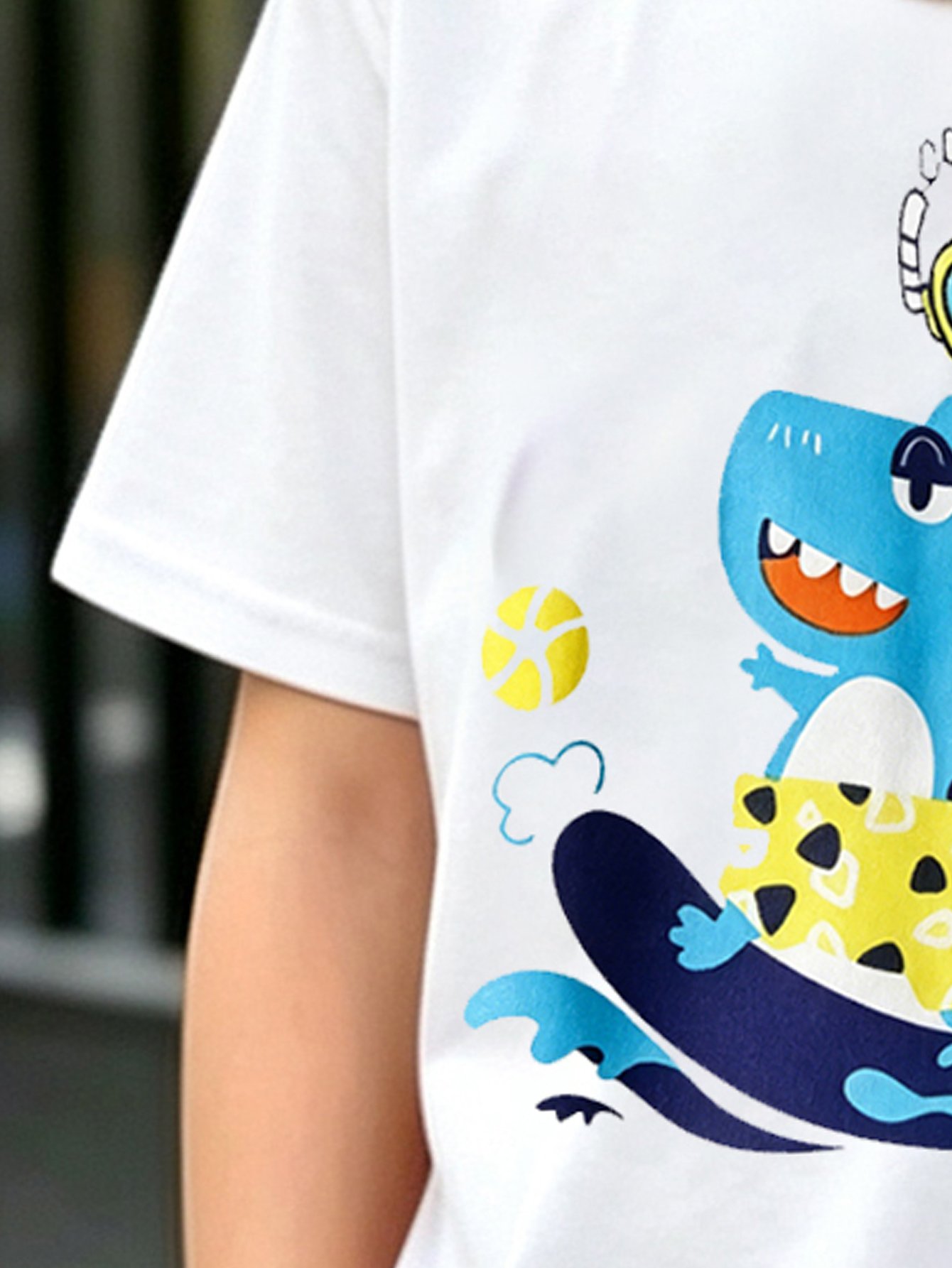 Boys White Cotton Short Sleeve T-Shirt with Fun Dinosaur Print