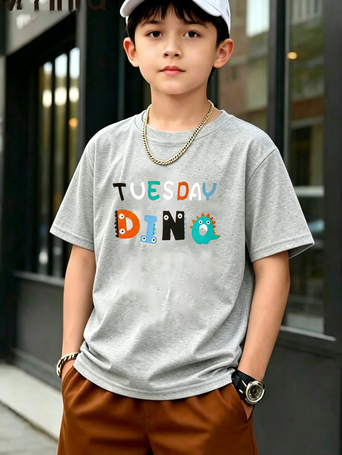 Boys Grey Cotton Short Sleeve Dino T-Shirt