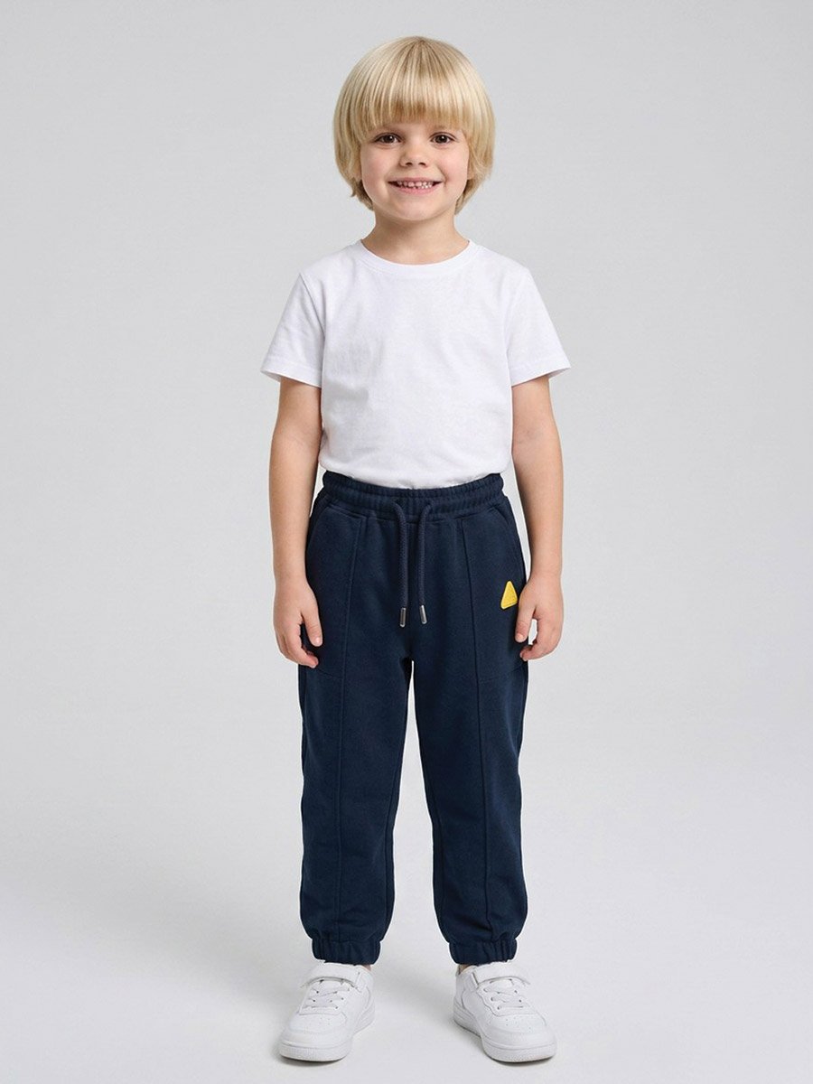 Boys Navy Blue Pintuck Details Cuffed Hem Cotton Joggers