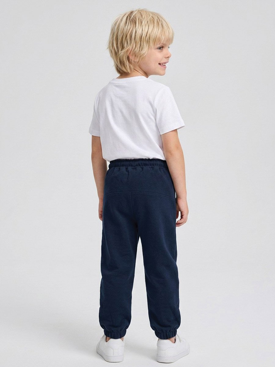 Boys Navy Blue Pintuck Details Cuffed Hem Cotton Joggers