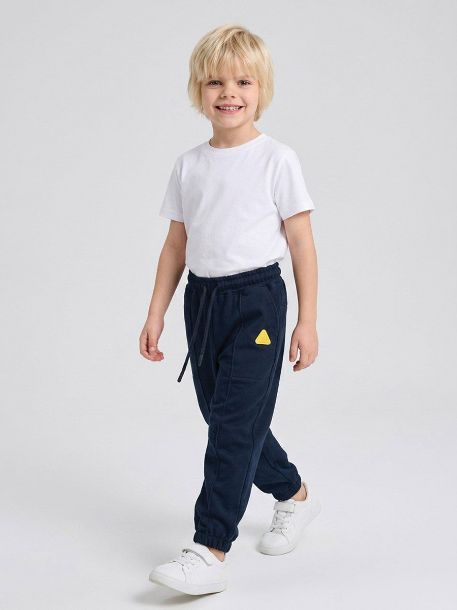 Boys Navy Blue Pintuck Details Cuffed Hem Cotton Joggers