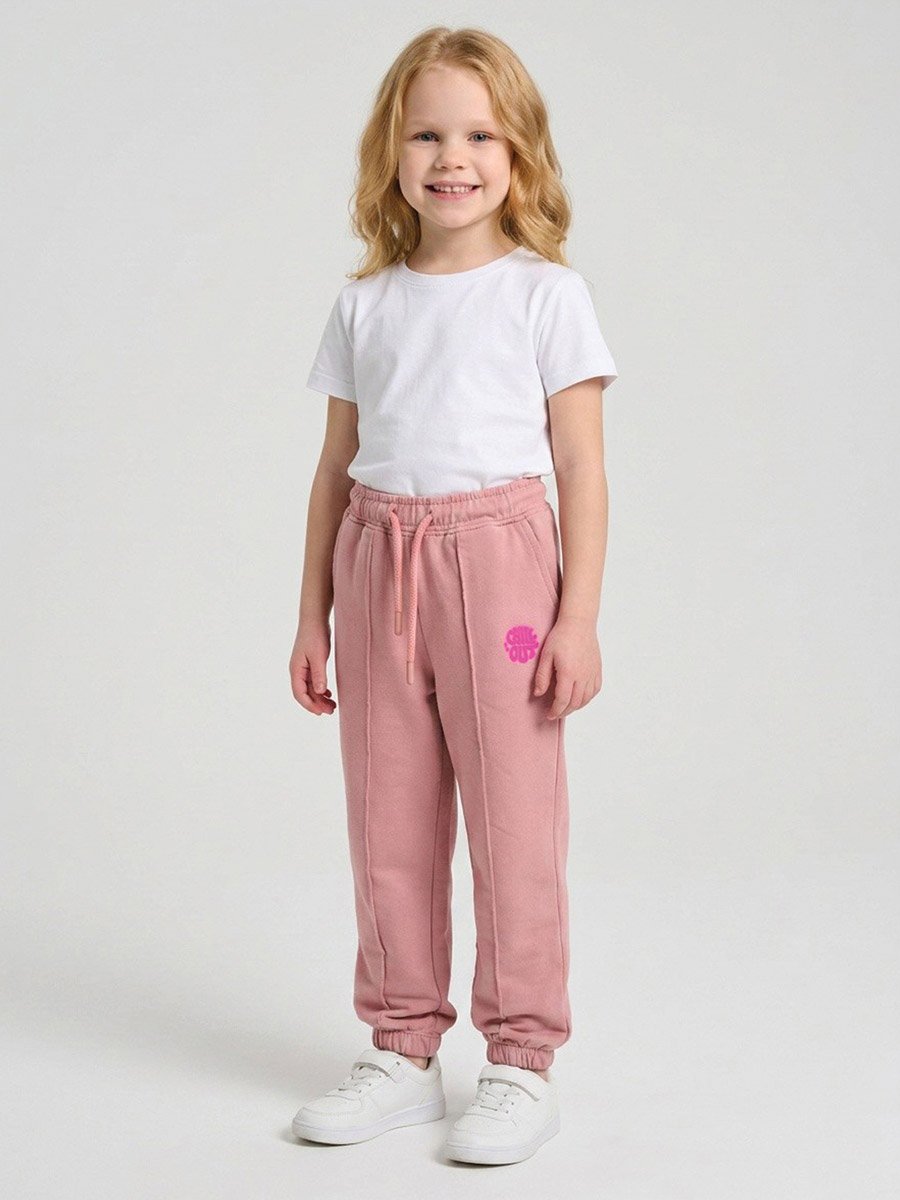 Girls Pink Pintuck Details Printed Joggers