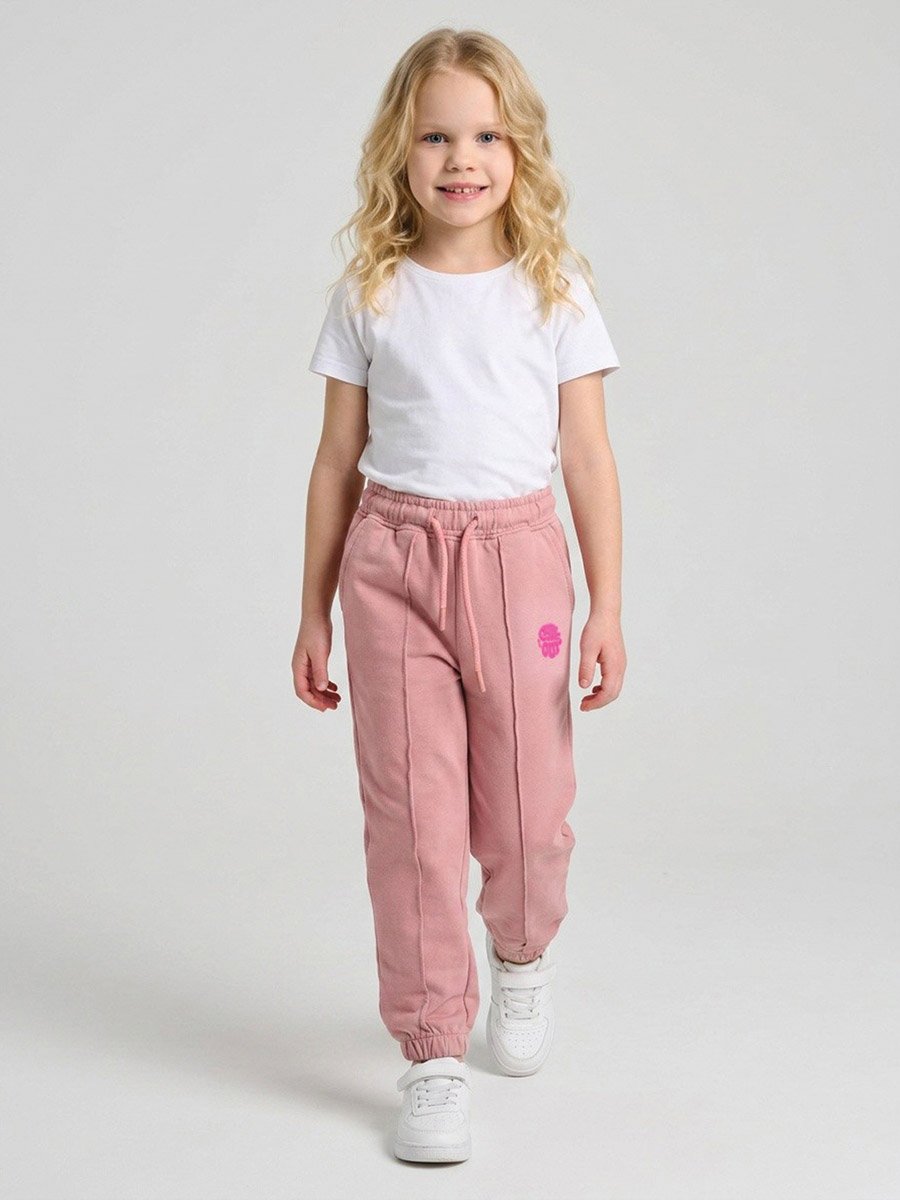 Girls Pink Pintuck Details Printed Joggers