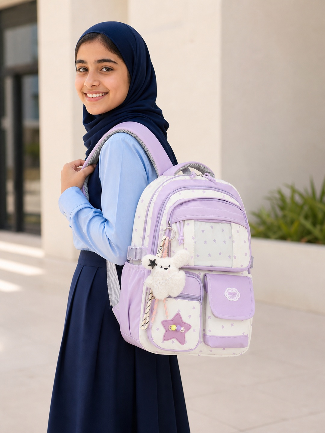 Star Print Backpack with Plush Charm