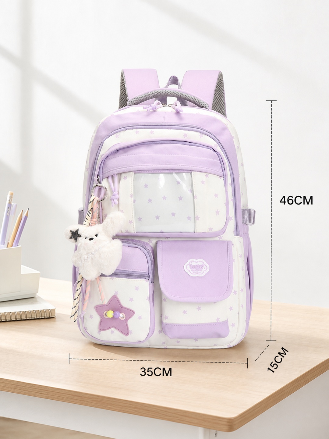 Star Print Backpack with Plush Charm