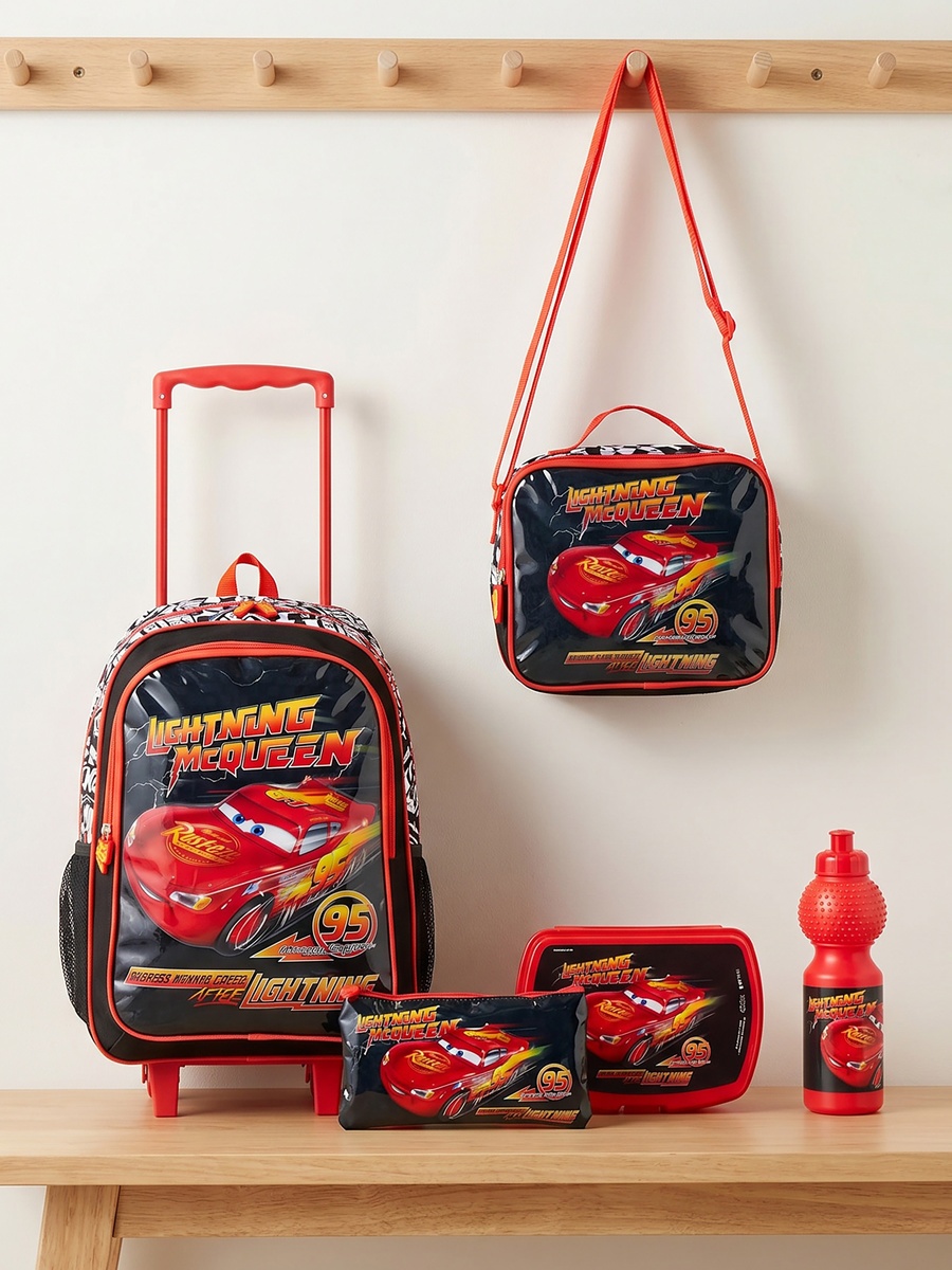 Lightning McQueen 5-Piece Trolley Bag Set with Lunch Bag and Bottle - 18 inches