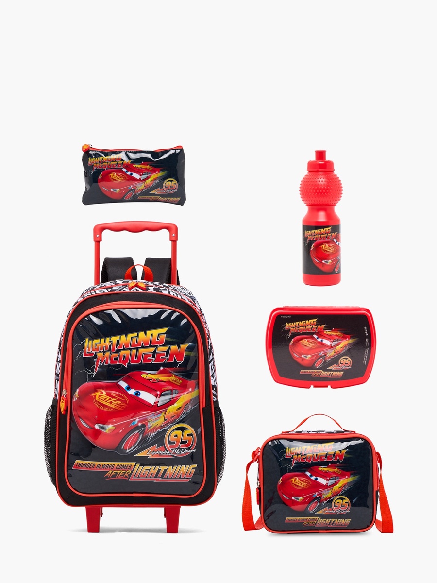Lightning McQueen 5-Piece Trolley Bag Set with Lunch Bag and Bottle - 18 inches