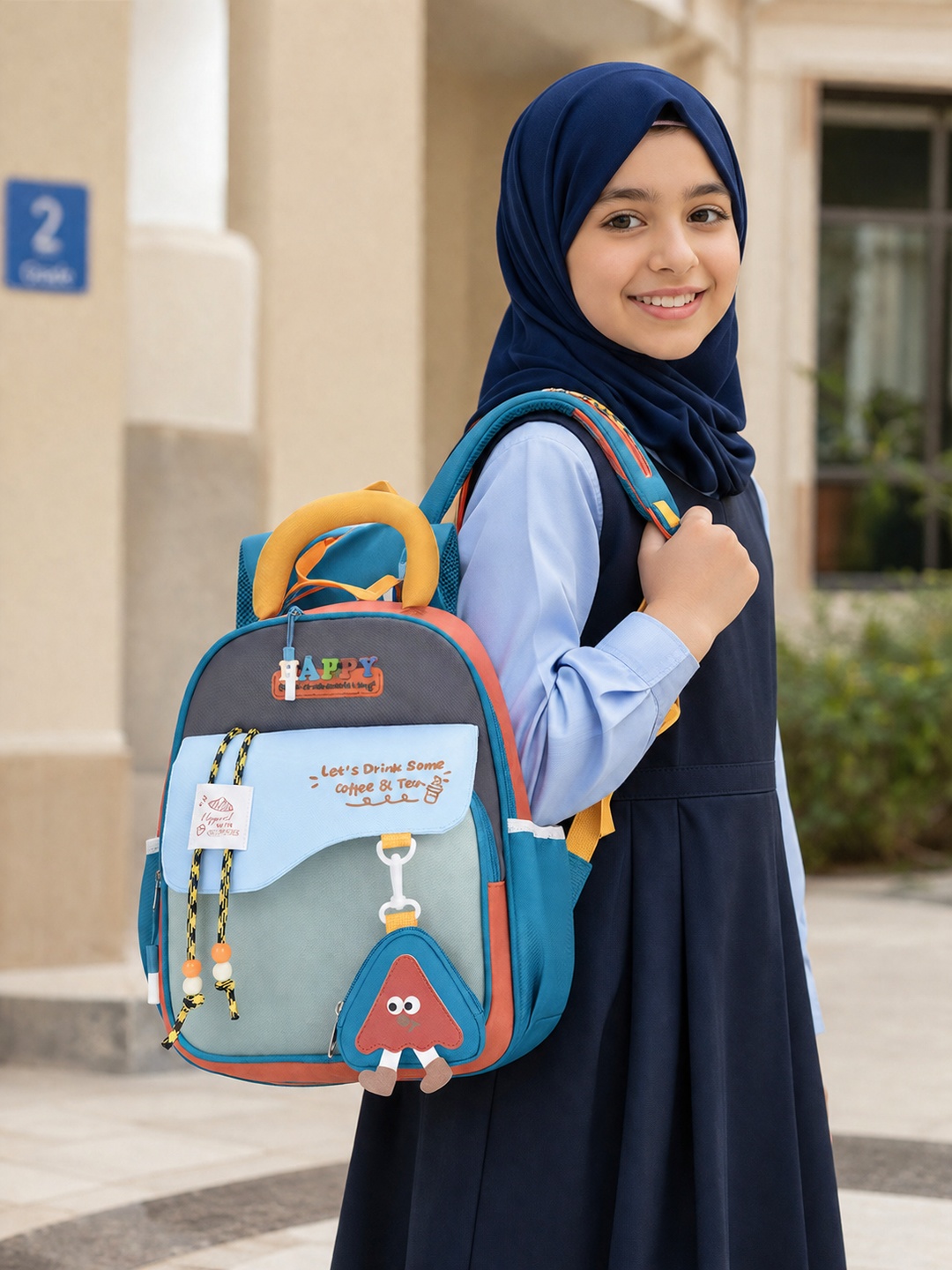 Color Block Backpack with Plush Charm