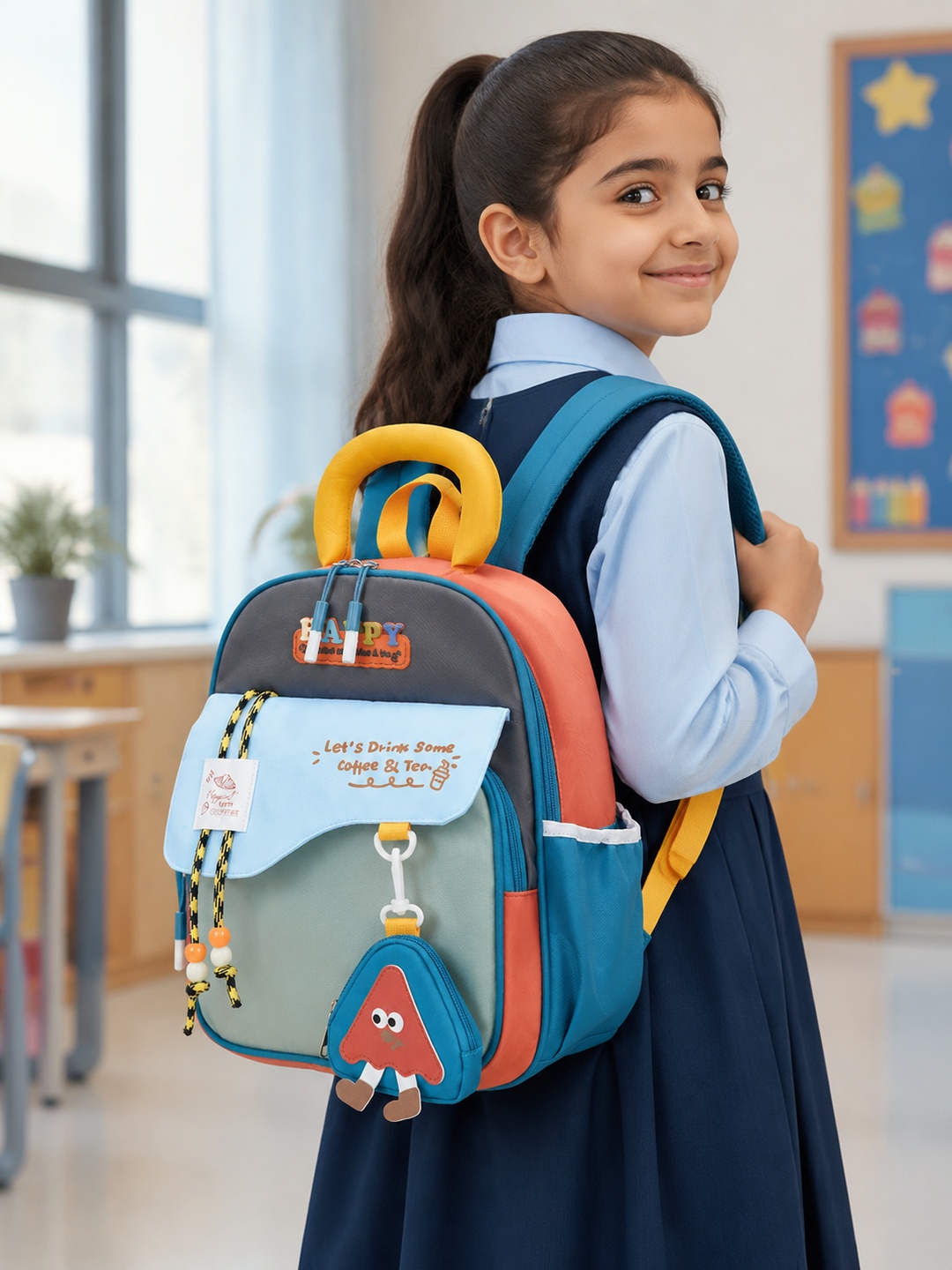 Color Block Backpack with Plush Charm