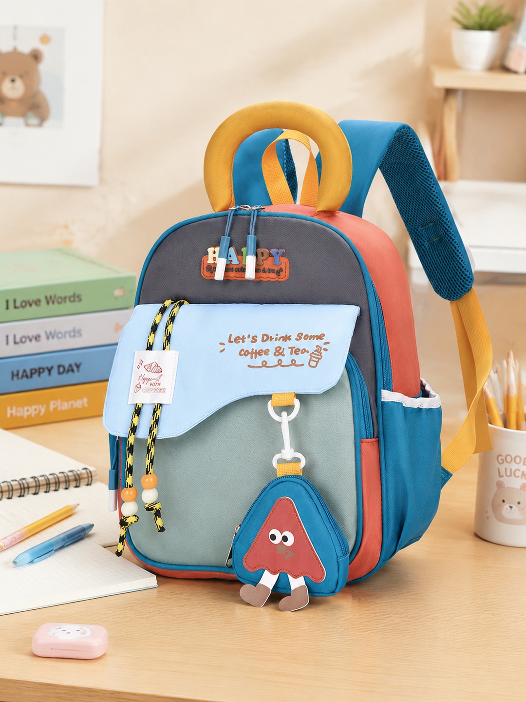Color Block Backpack with Plush Charm